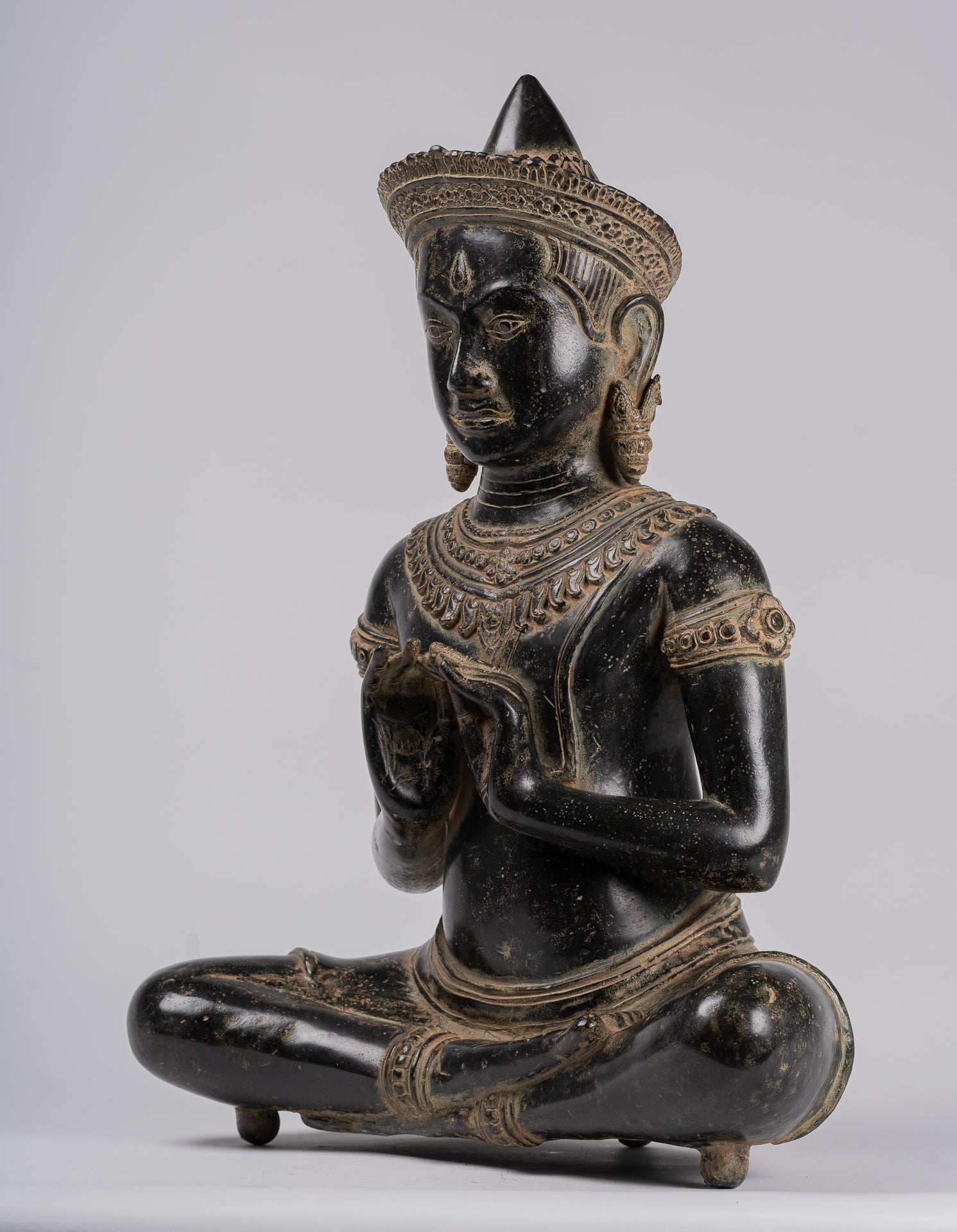 Buddha - Antique Khmer Style Bronze Seated Double Teaching Buddha Statue - 56cm/22"