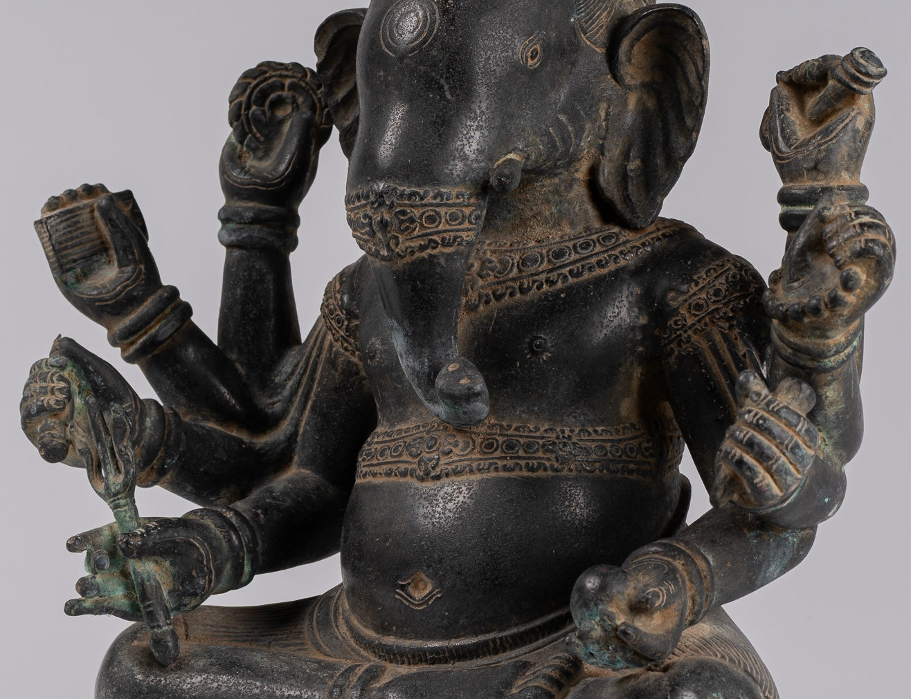 Ganesha Statue - Antique Khmer Style Angkor Wat Bronze Seated Eight Arm Ganesh Statue - 41cm/16"