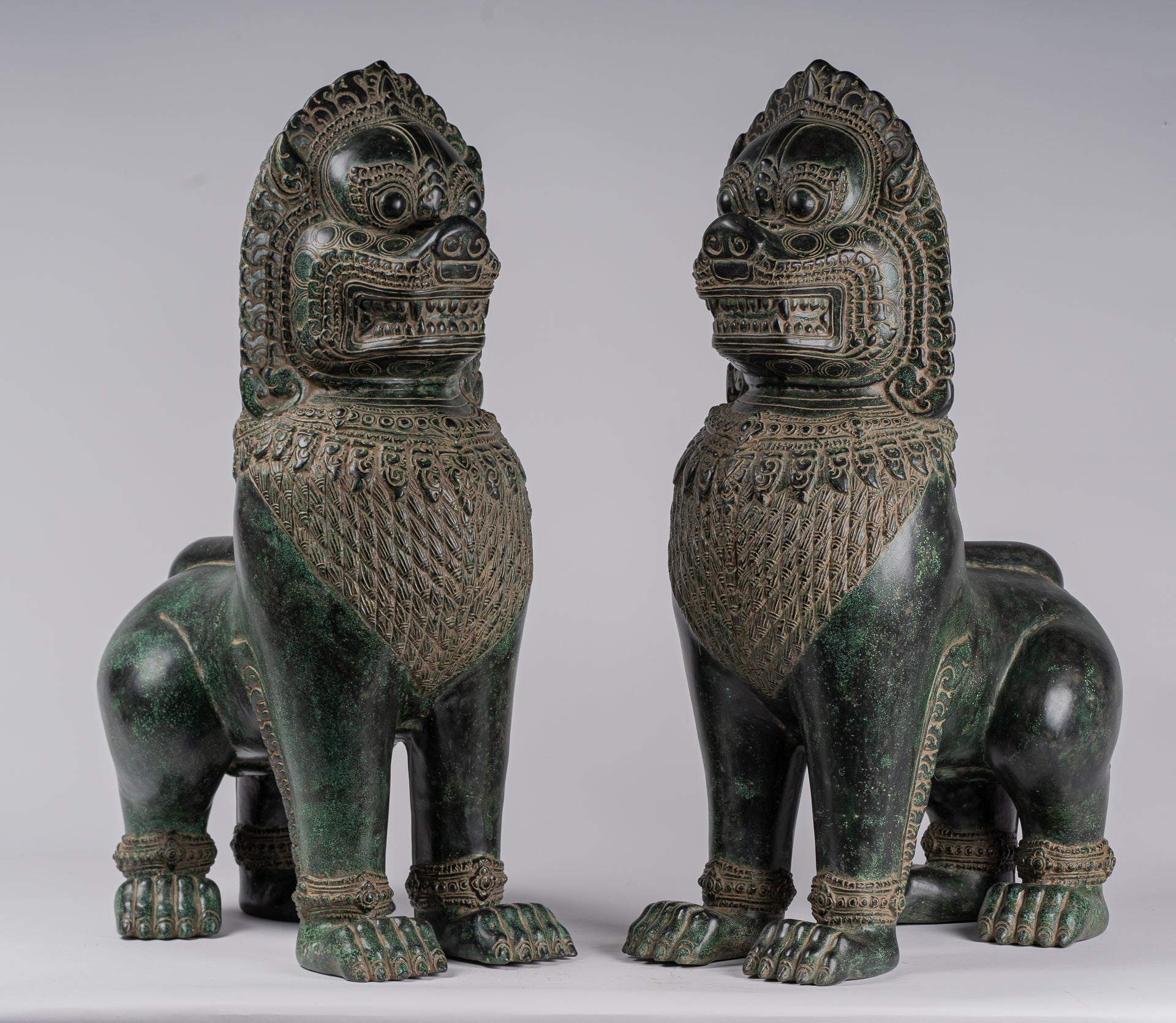 Temple Lions - Antique Khmer Style Bronze Temple Guardians or Lions (Pair) - 72cm/29"