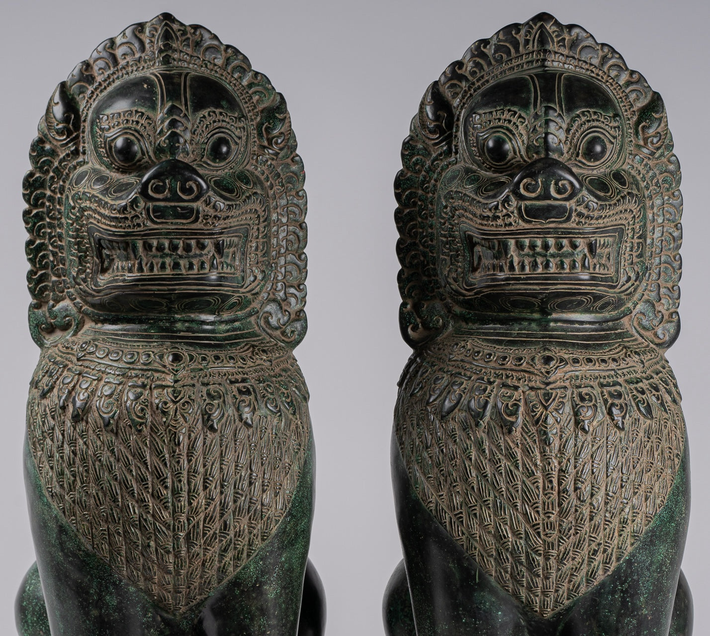 Temple Lions - Antique Khmer Style Bronze Temple Guardians or Lions (Pair) - 72cm/29"