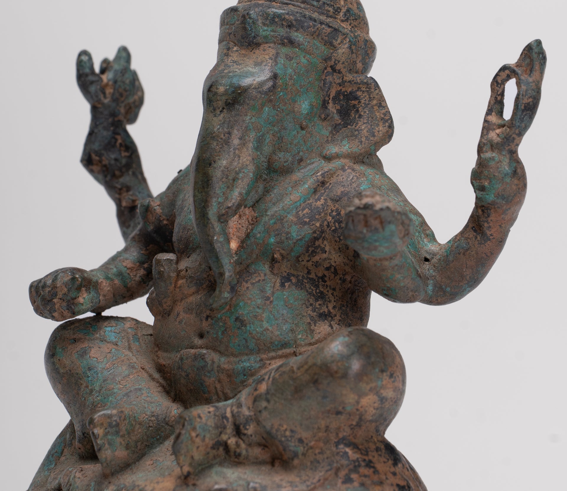 Ganesha Statue - Antique Thai Style Bronze Seated 4-Arm Ganesha Statue - 12cm/5"