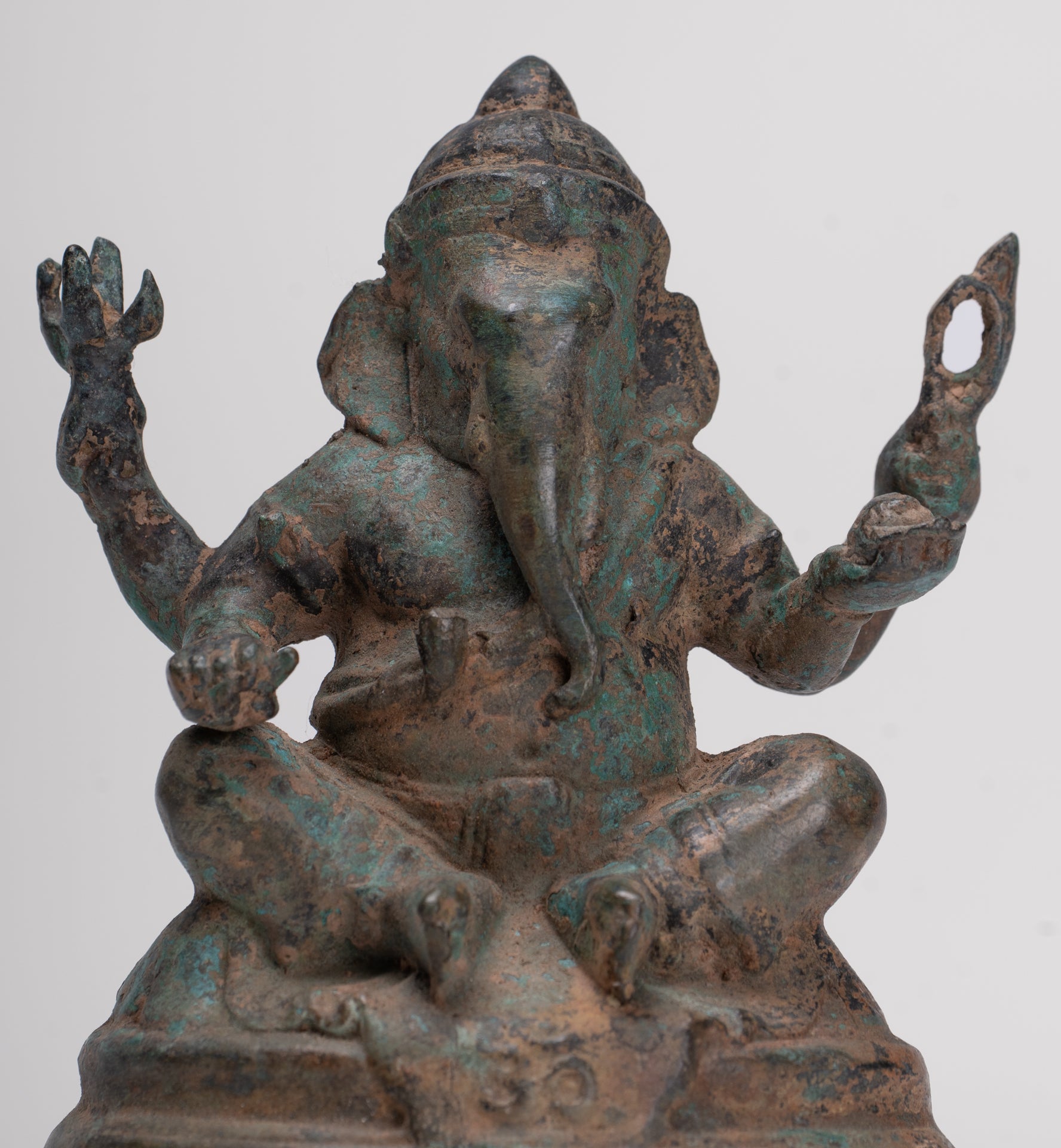 Ganesha Statue - Antique Thai Style Bronze Seated 4-Arm Ganesha Statue - 12cm/5"