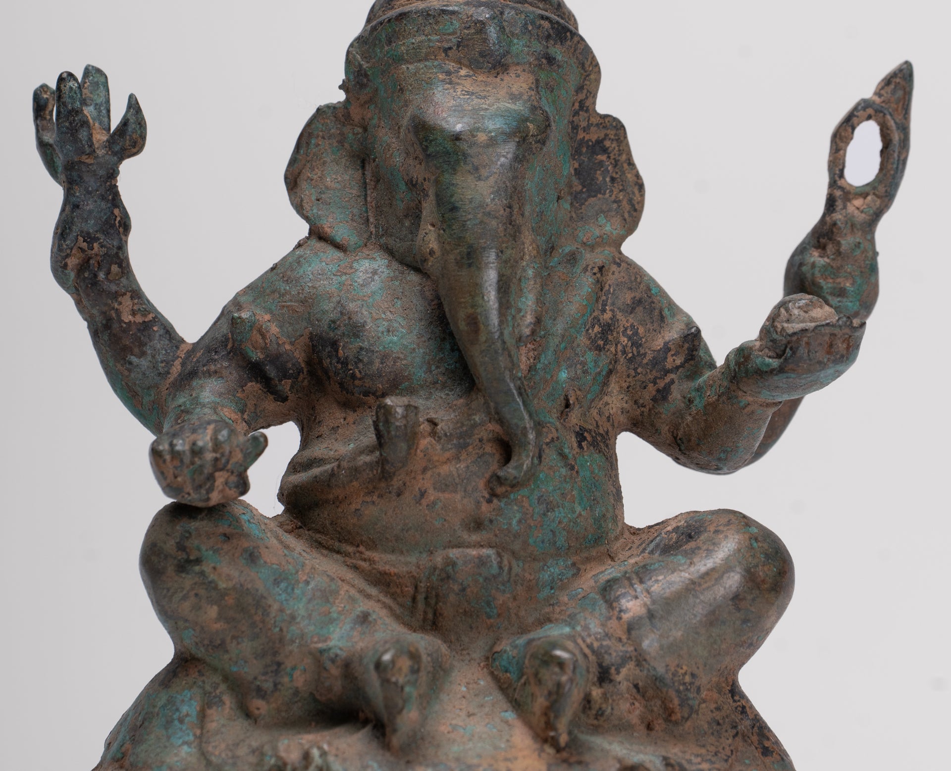 Ganesha Statue - Antique Thai Style Bronze Seated 4-Arm Ganesha Statue - 12cm/5"