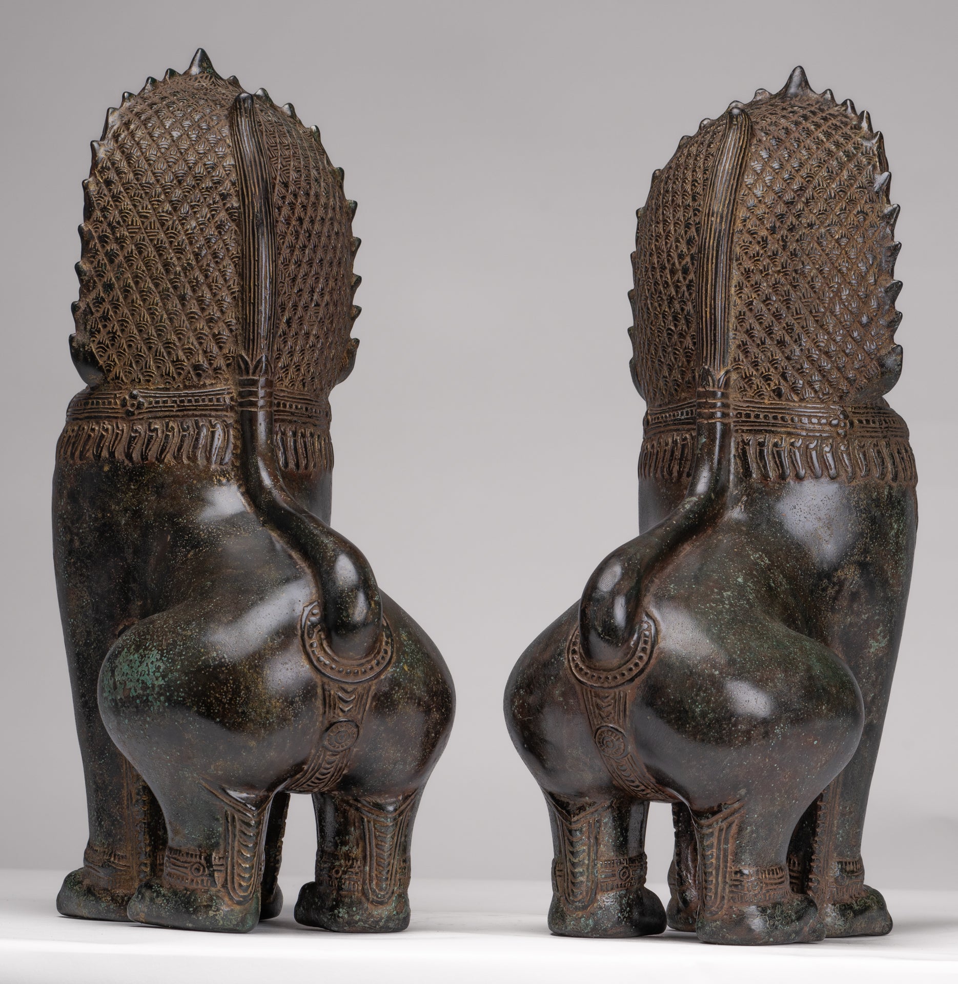 Temple Lions - Antique Khmer Style Bronze Standing Temple Guardians or Lions - 39cm/16"