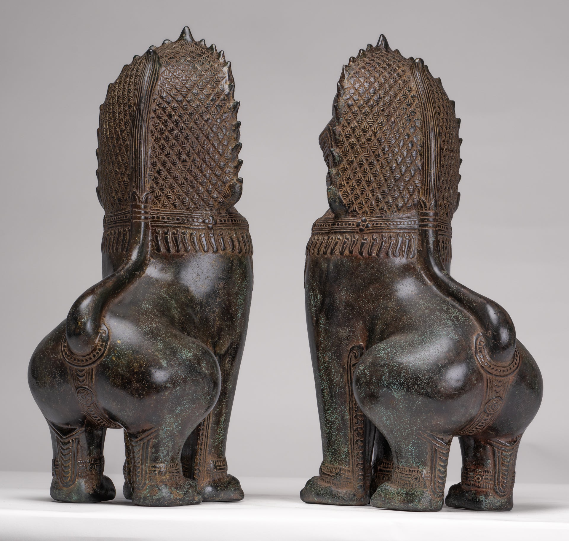 Temple Lions - Antique Khmer Style Bronze Standing Temple Guardians or Lions - 39cm/16"