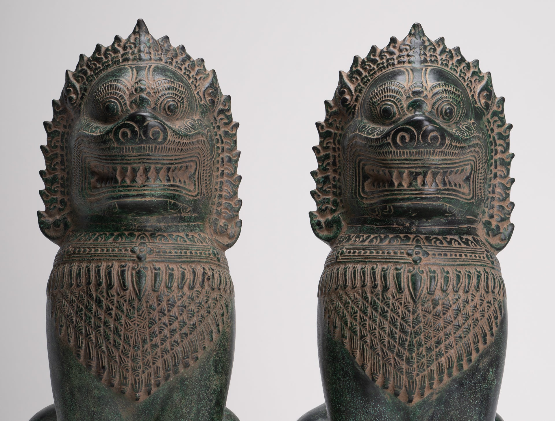 Temple Lions - Antique Khmer Style Bronze Standing Temple Guardians or Lions - 39cm/16"