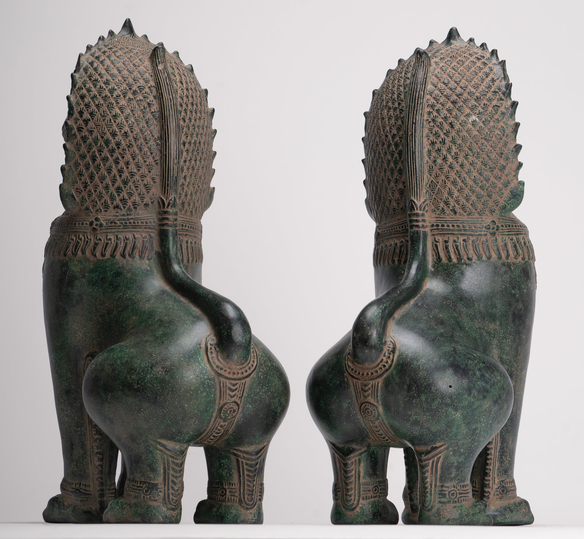 Temple Lions - Antique Khmer Style Bronze Standing Temple Guardians or Lions - 39cm/16"