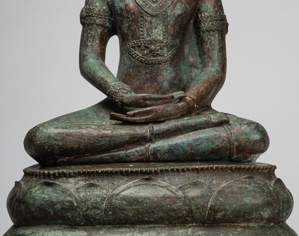 Antique Thai Style Seated Bronze Royal Ayutthaya Meditation Buddha Statue - 90cm/36"
