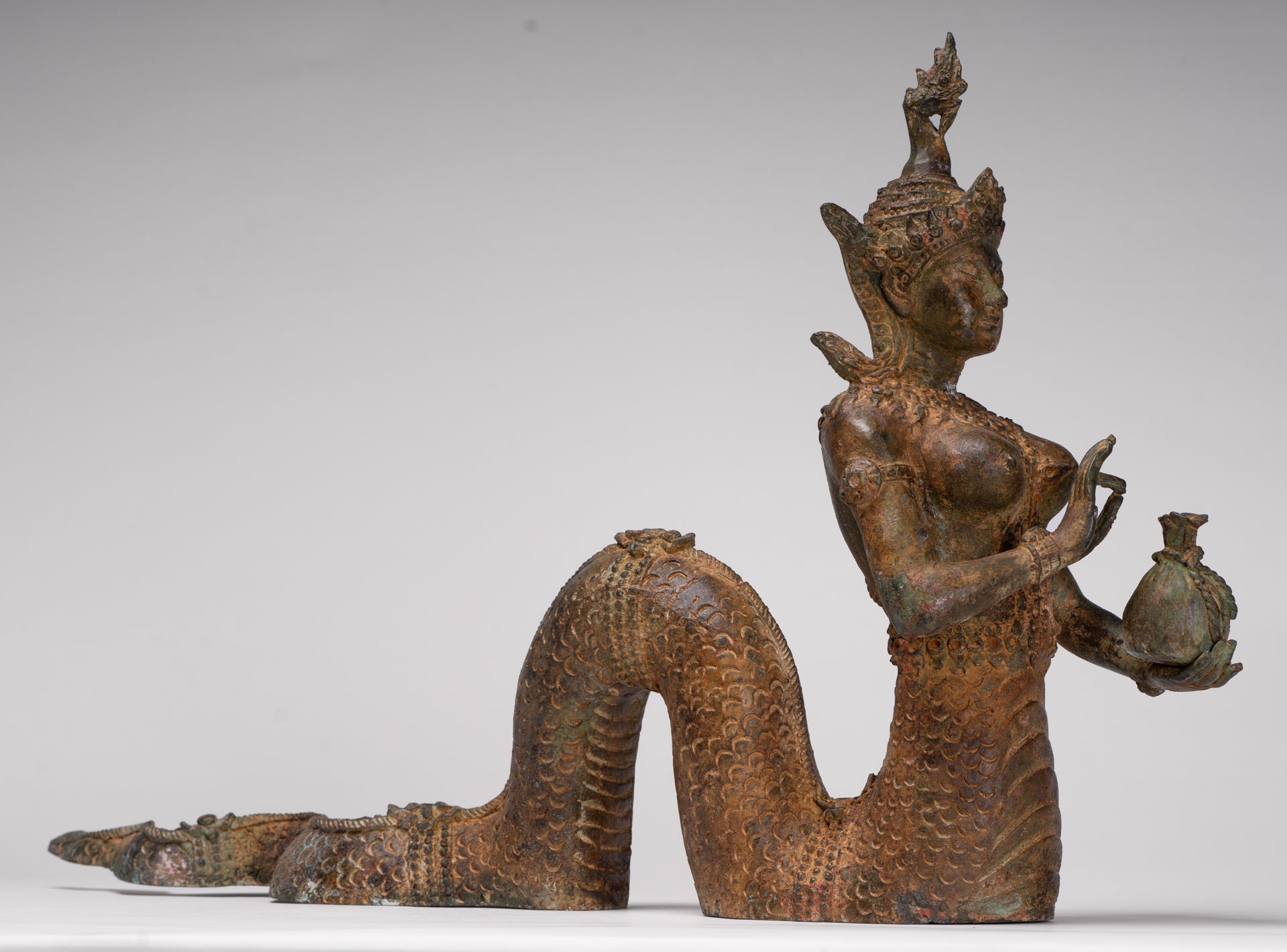 Naga Statue - Antique Thai Style Bronze Female Deity with Naga Tail Statue - 41cm/16"