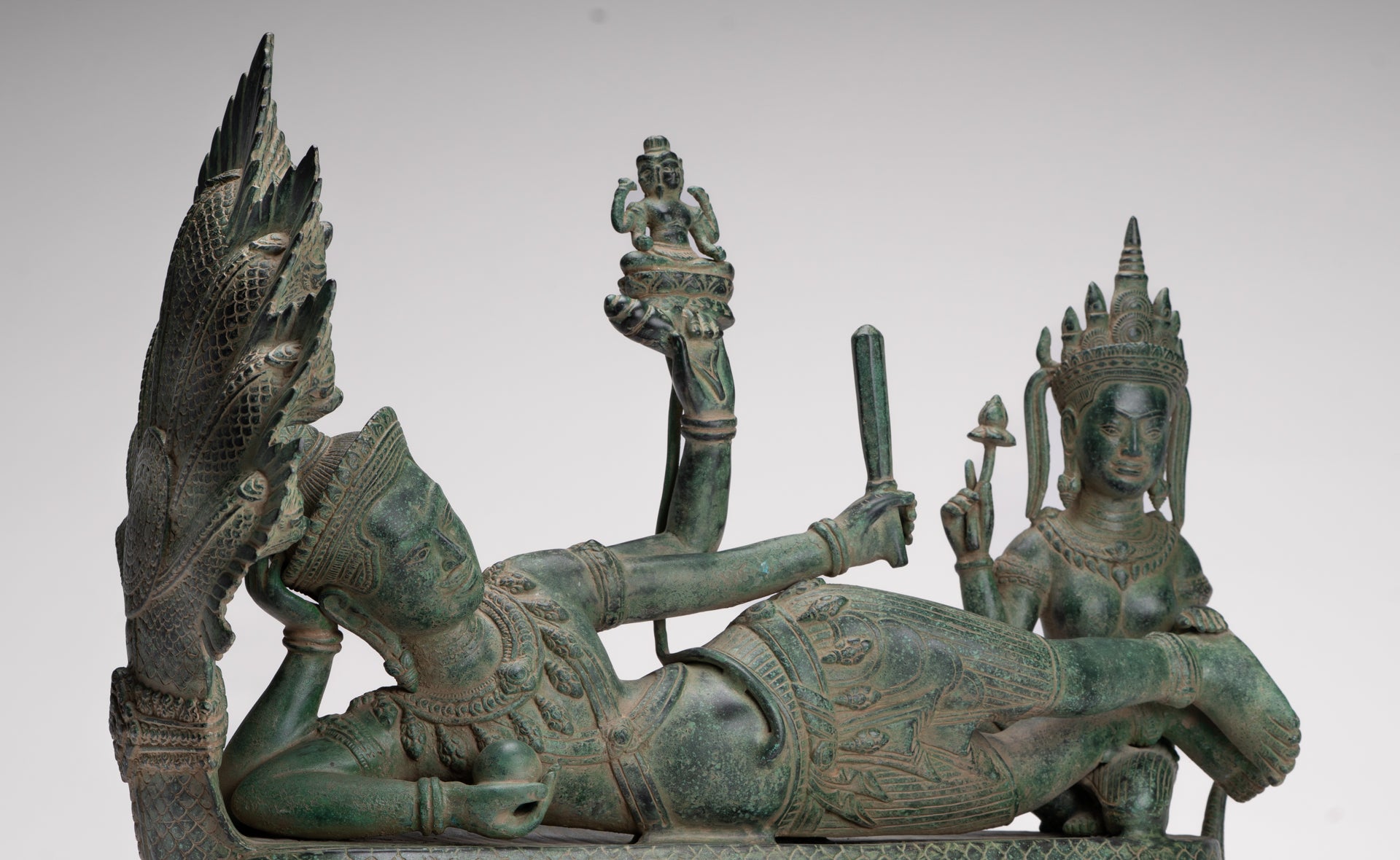 Antique Khmer Style Angkor Wat Bronze Reclining Vishnu Statue - 52cm/21" Long