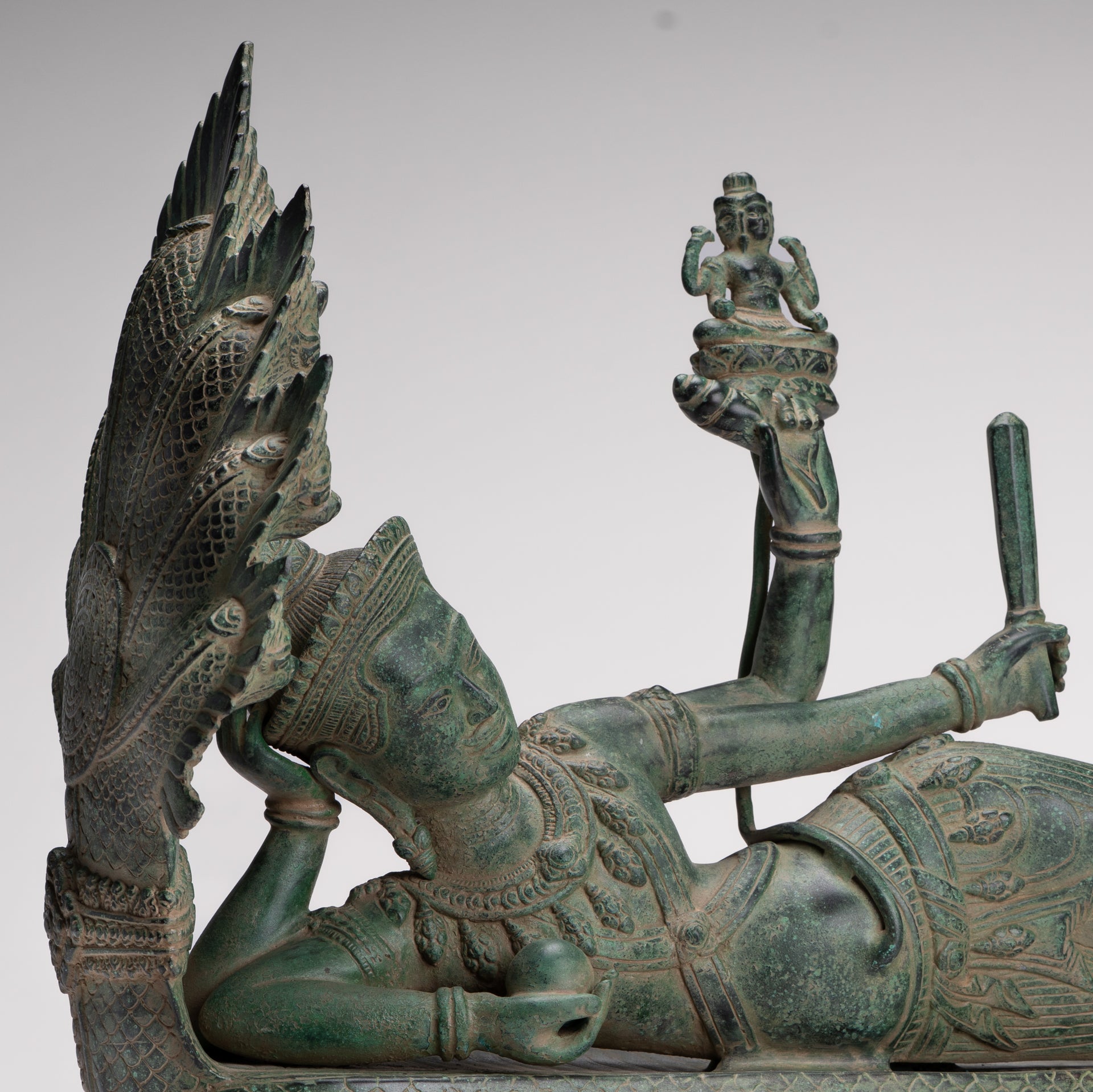 Antique Khmer Style Angkor Wat Bronze Reclining Vishnu Statue - 52cm/21" Long