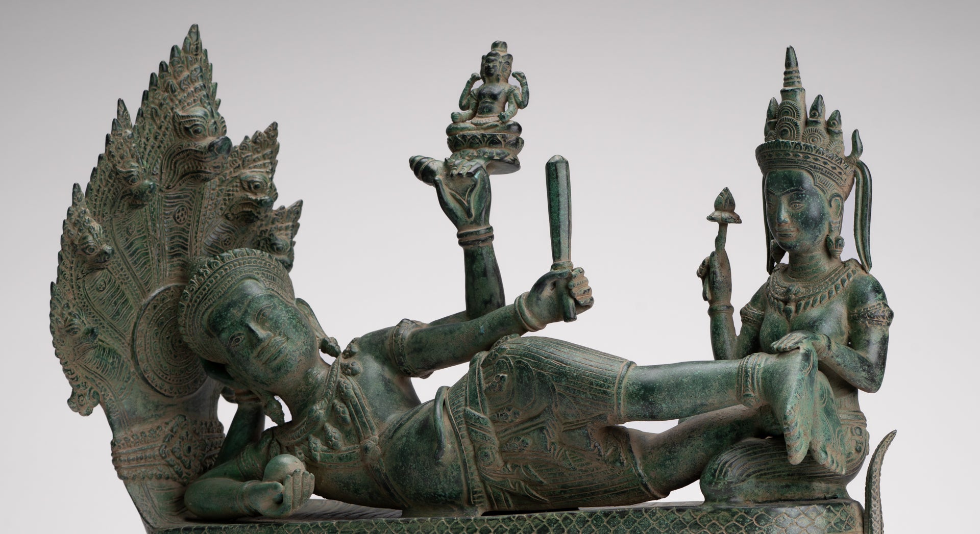 Antique Khmer Style Angkor Wat Bronze Reclining Vishnu Statue - 52cm/21" Long