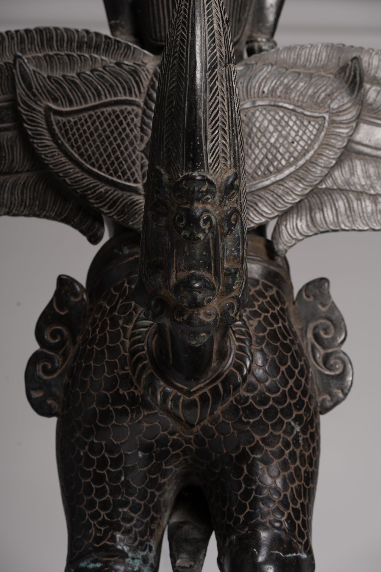 Antique Banteay Srei Style Seated Bronze Khmer Vishnu Garuda Statue - 71cm/28"