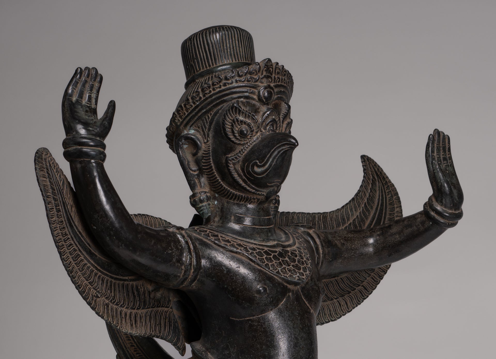 Antique Banteay Srei Style Seated Bronze Khmer Vishnu Garuda Statue - 71cm/28"