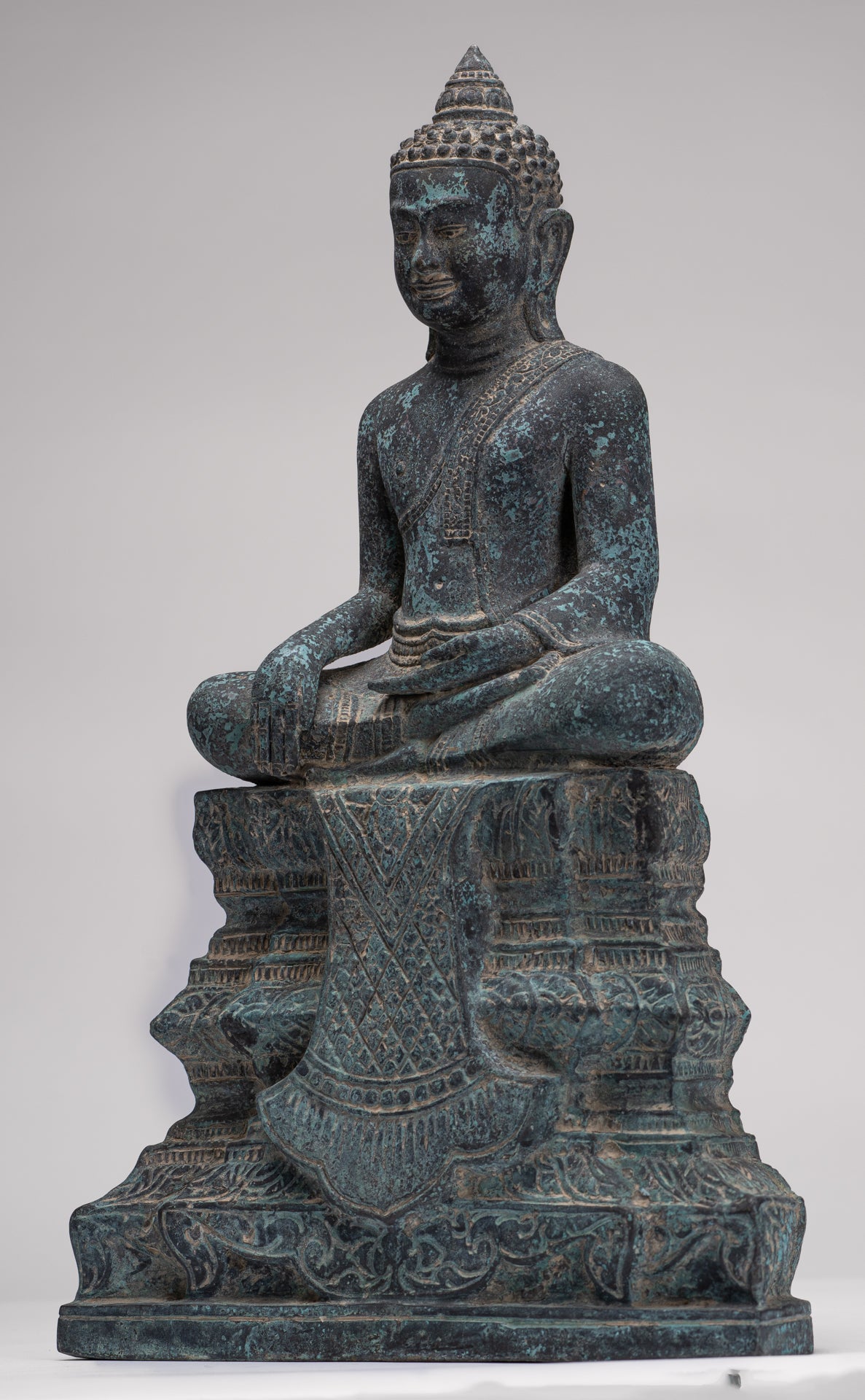 Buddha Statue - Antique Khmer Style Bronze Enthroned Enlightenment Buddha Statue - 48cm/19"