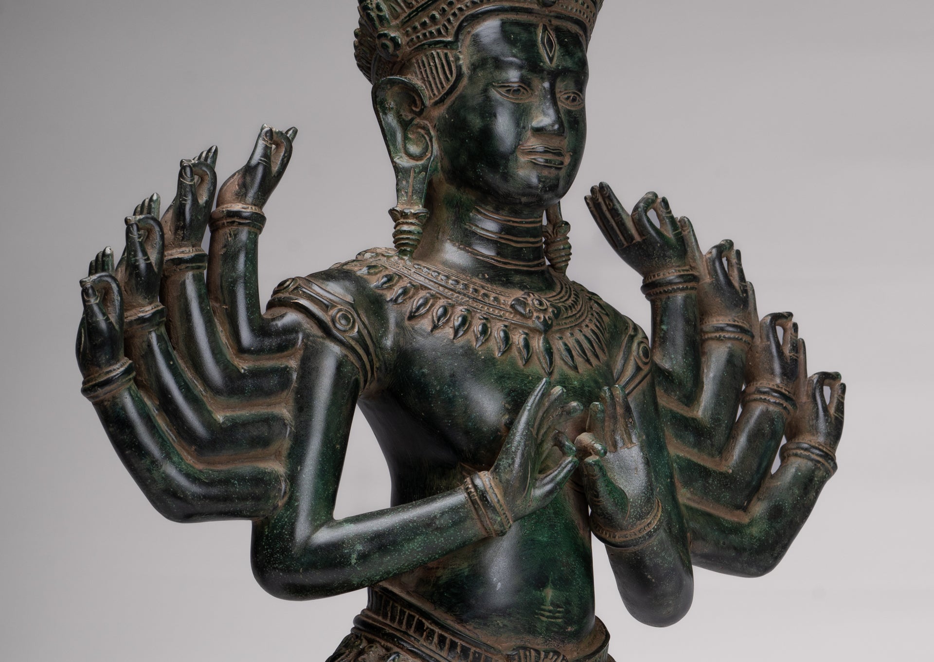 Antique Khmer Style Bronze Angkor Wat Ardhaparyanka Shiva - 10 Arms - 70cm/28"