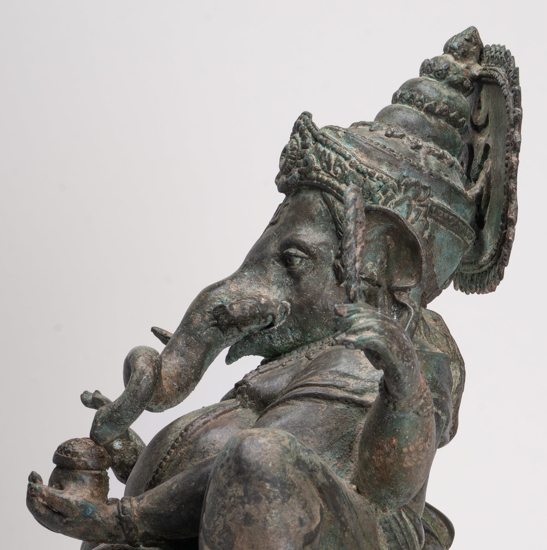 Ganesh - Antique Thai Style Bronze Reclining Ganesha Statue w/Mouse - 41cm/16"