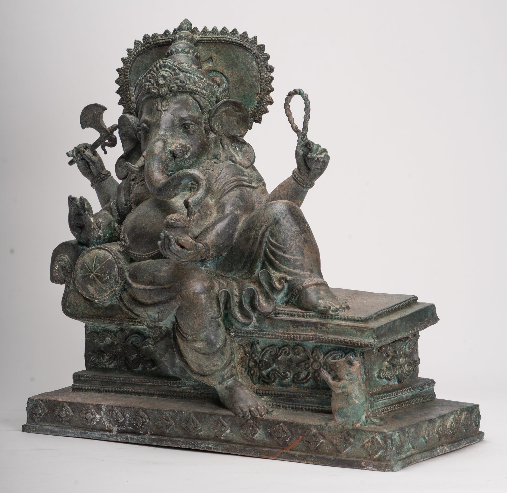 Ganesh - Antique Thai Style Bronze Reclining Ganesha Statue w/Mouse - 41cm/16"