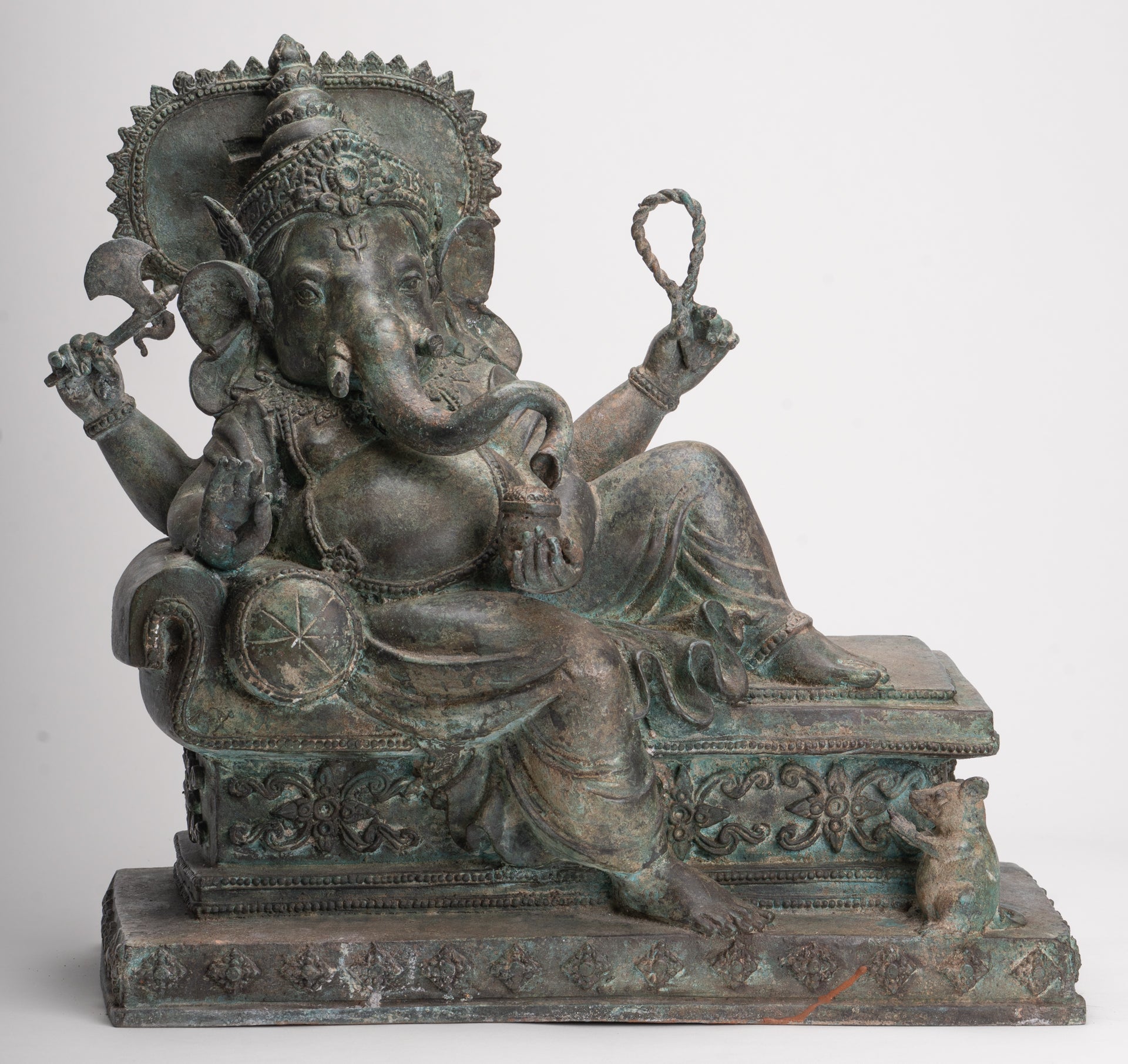Ganesh - Antique Thai Style Bronze Reclining Ganesha Statue w/Mouse - 41cm/16"