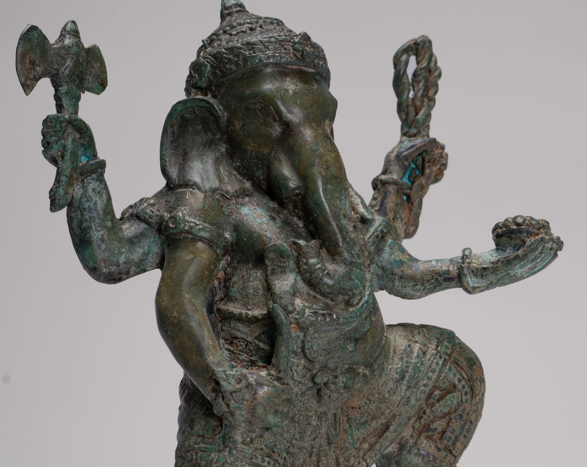 Ganesh - Antique Thai Style Bronze Dancing Ganesha Statue w/Mouse - 28cm/11"