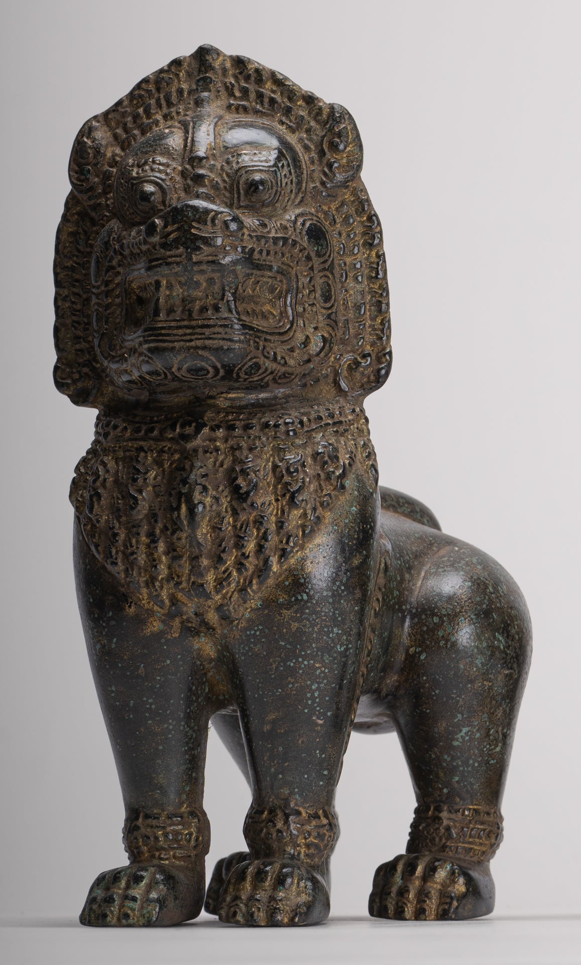 Temple Lions - Antique Khmer Style Bronze Standing Temple Guardian or Lions (Pair) - 22cm/9"