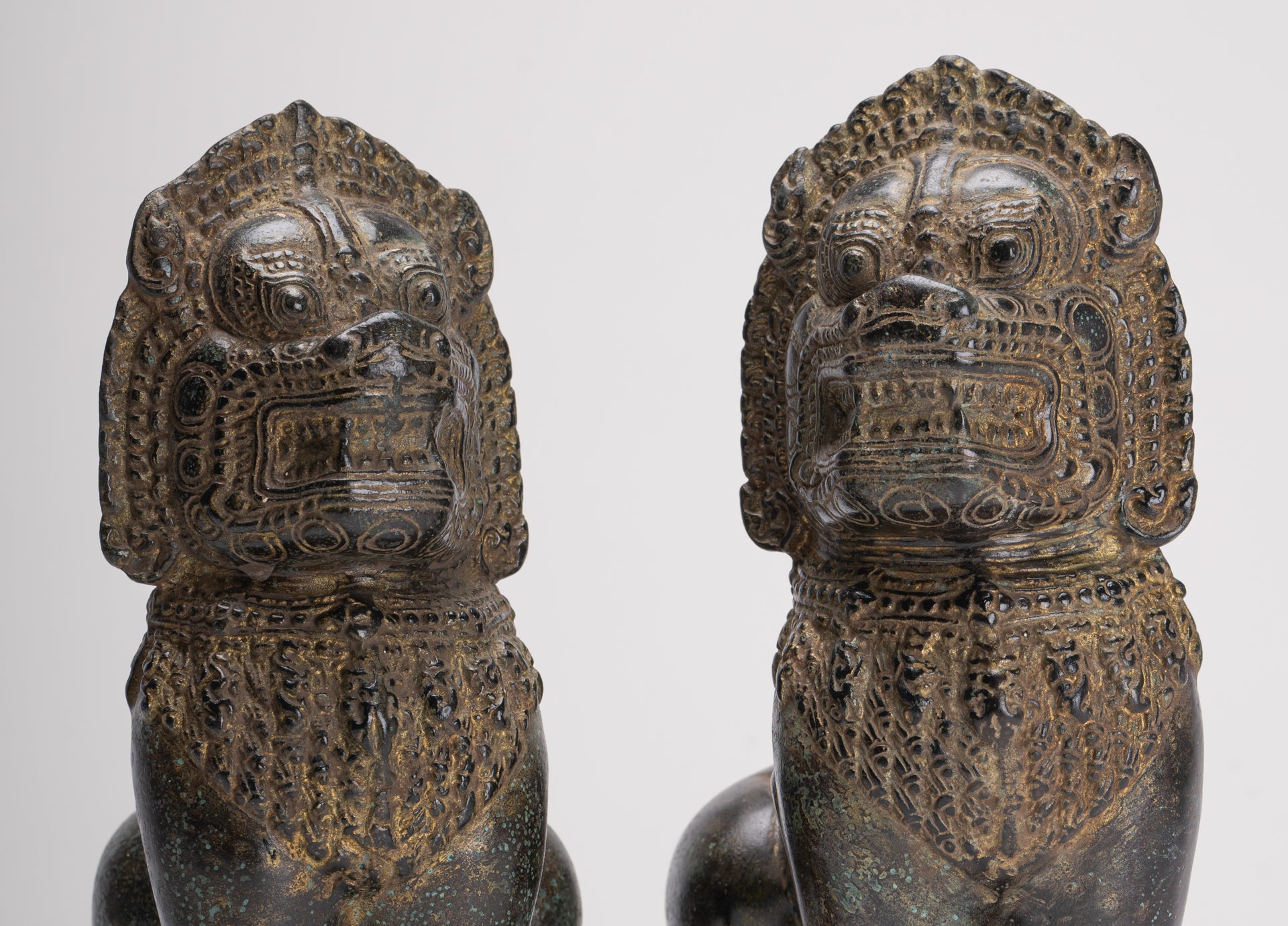 Temple Lions - Antique Khmer Style Bronze Standing Temple Guardian or Lions (Pair) - 22cm/9"