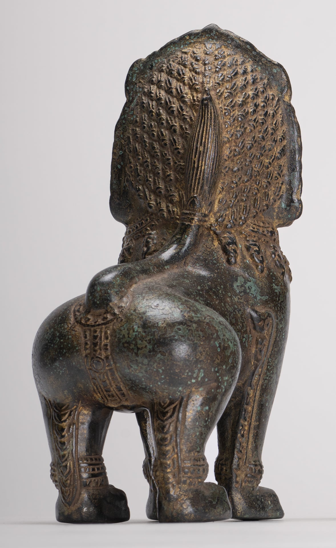 Temple Lions - Antique Khmer Style Bronze Standing Temple Guardian or Lions (Pair) - 22cm/9"