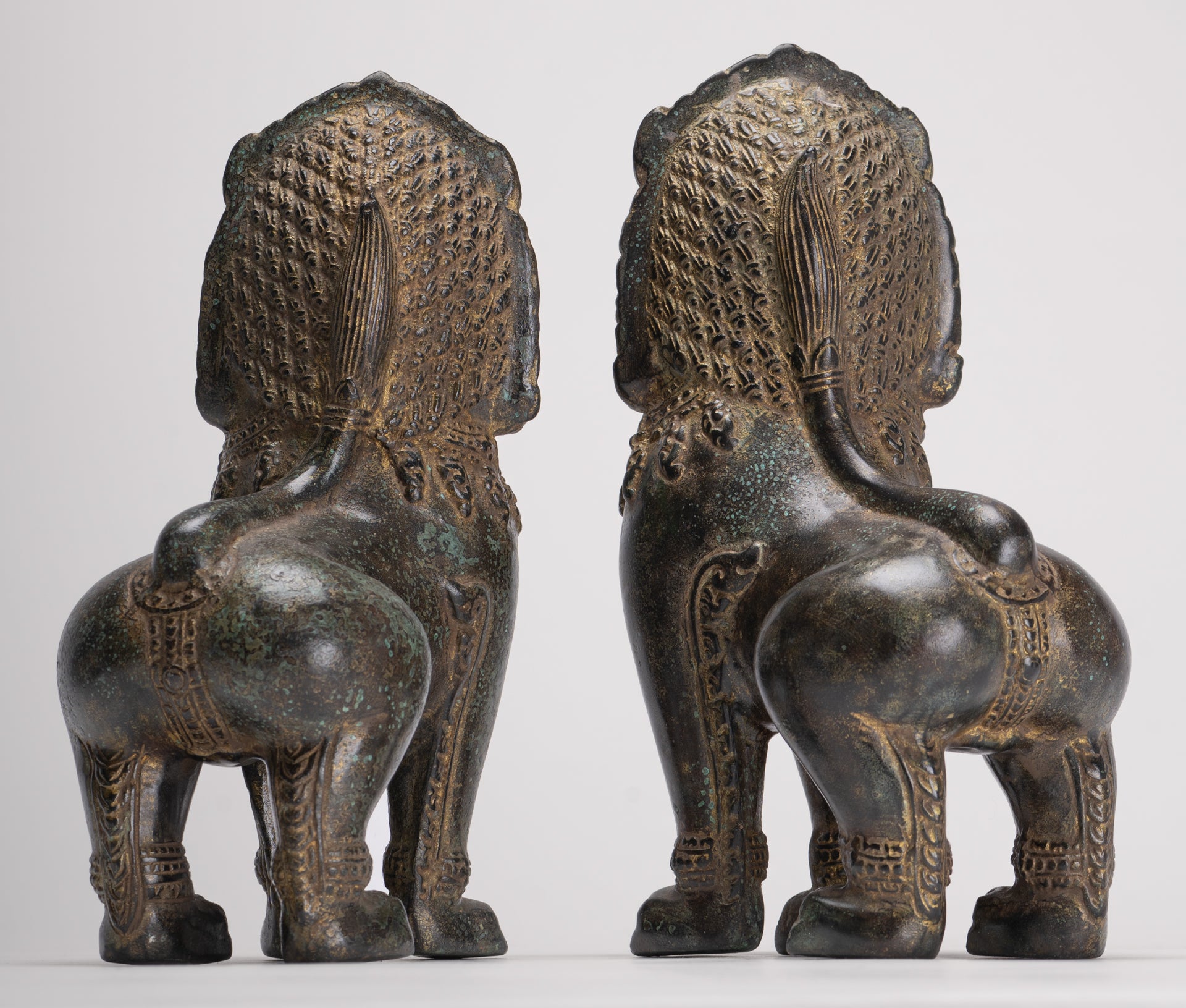 Temple Lions - Antique Khmer Style Bronze Standing Temple Guardian or Lions (Pair) - 22cm/9"