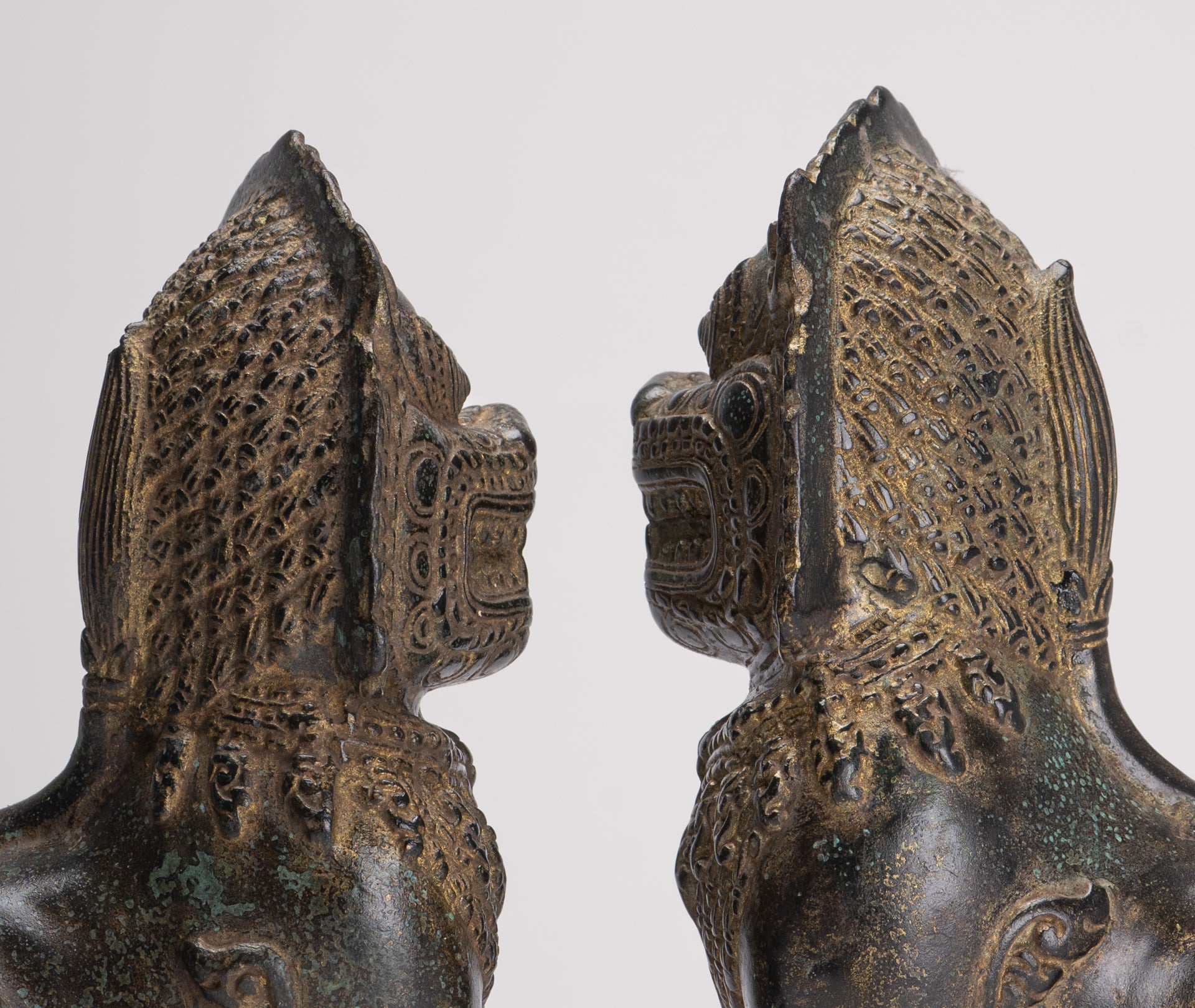 Temple Lions - Antique Khmer Style Bronze Standing Temple Guardian or Lions (Pair) - 22cm/9"