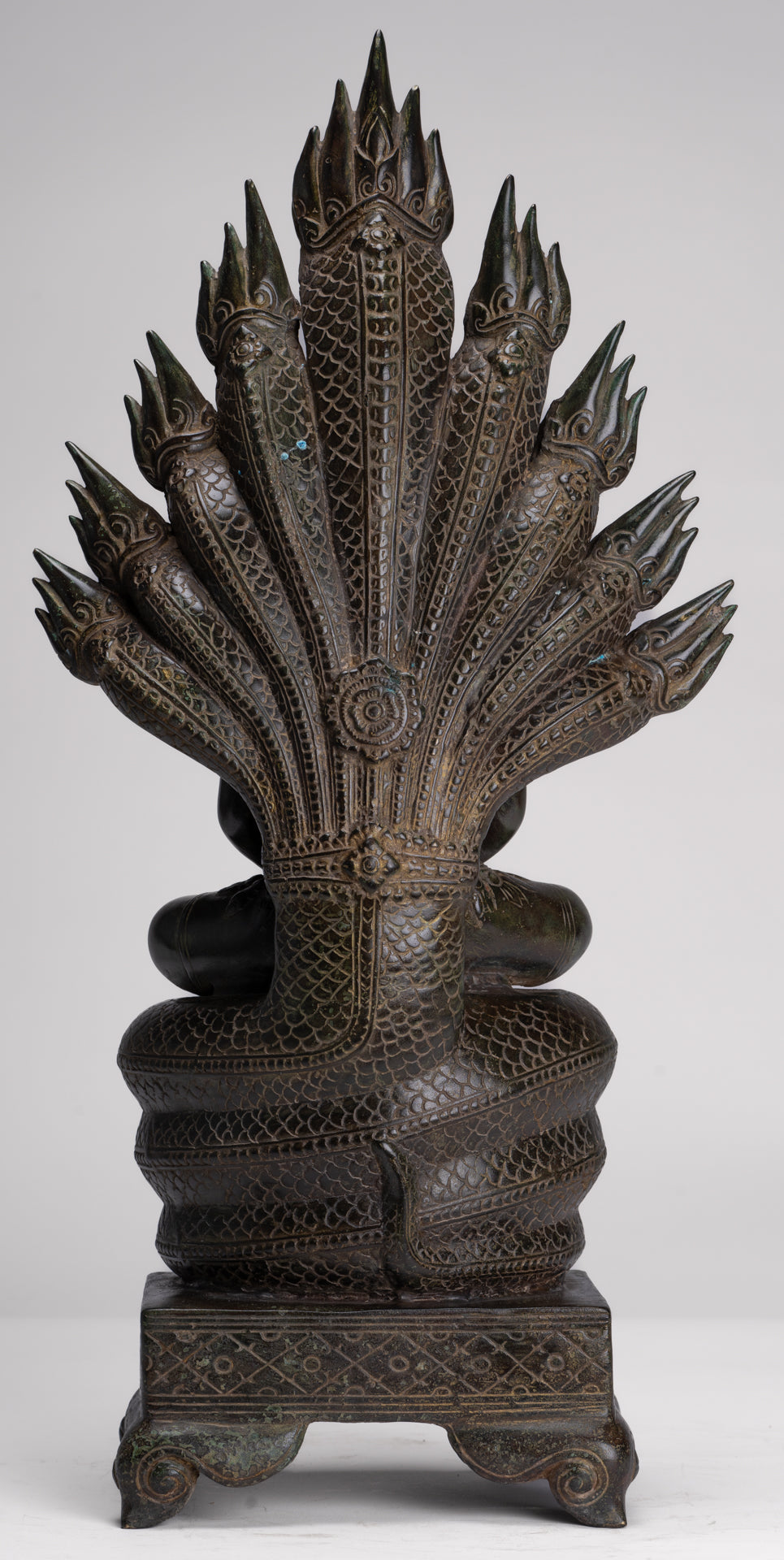 Large Buddha Statue - Antique Bayon Style Khmer Seated Bronze Naga Meditation Buddha - 53cm/21"