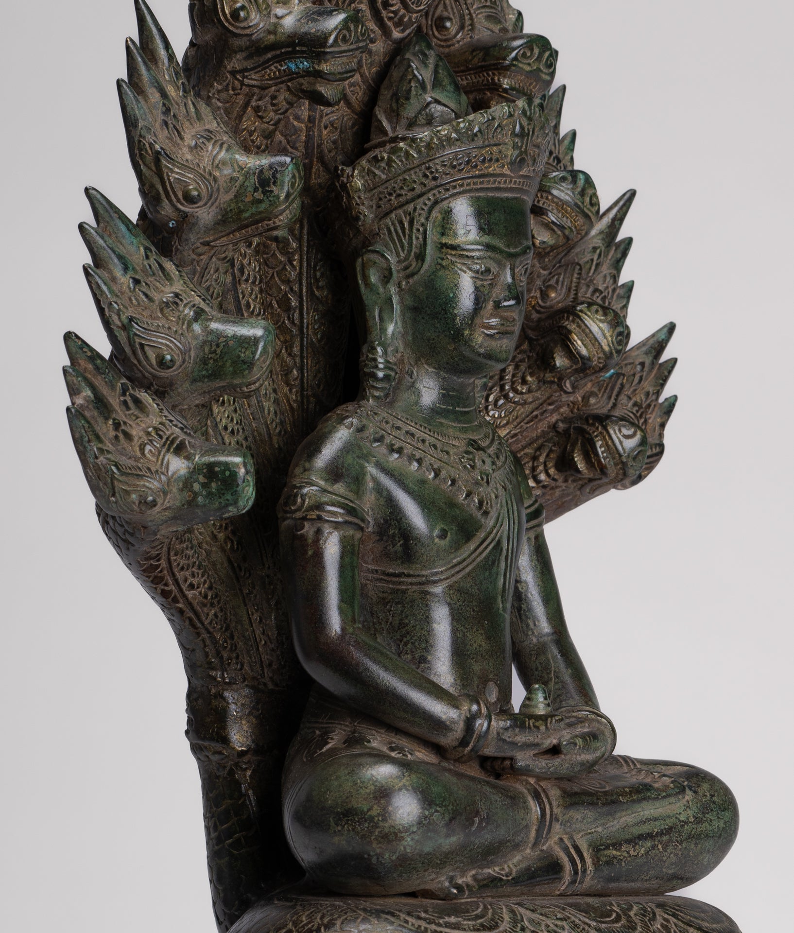 Large Buddha Statue - Antique Bayon Style Khmer Seated Bronze Naga Meditation Buddha - 53cm/21"