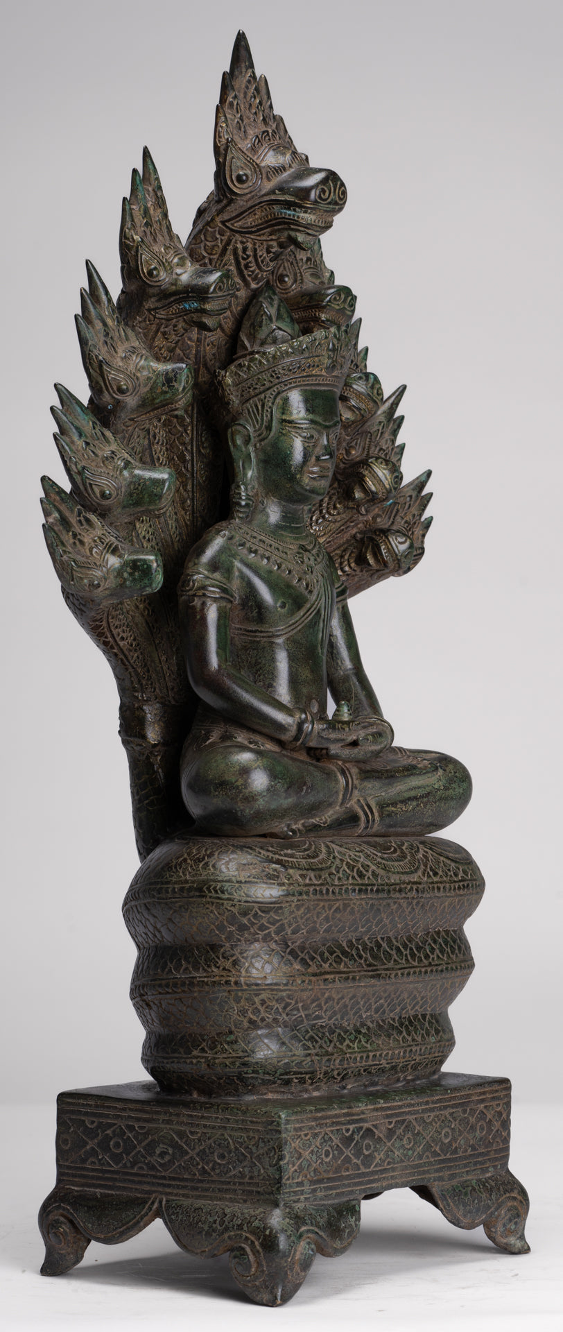 Large Buddha Statue - Antique Bayon Style Khmer Seated Bronze Naga Meditation Buddha - 53cm/21"