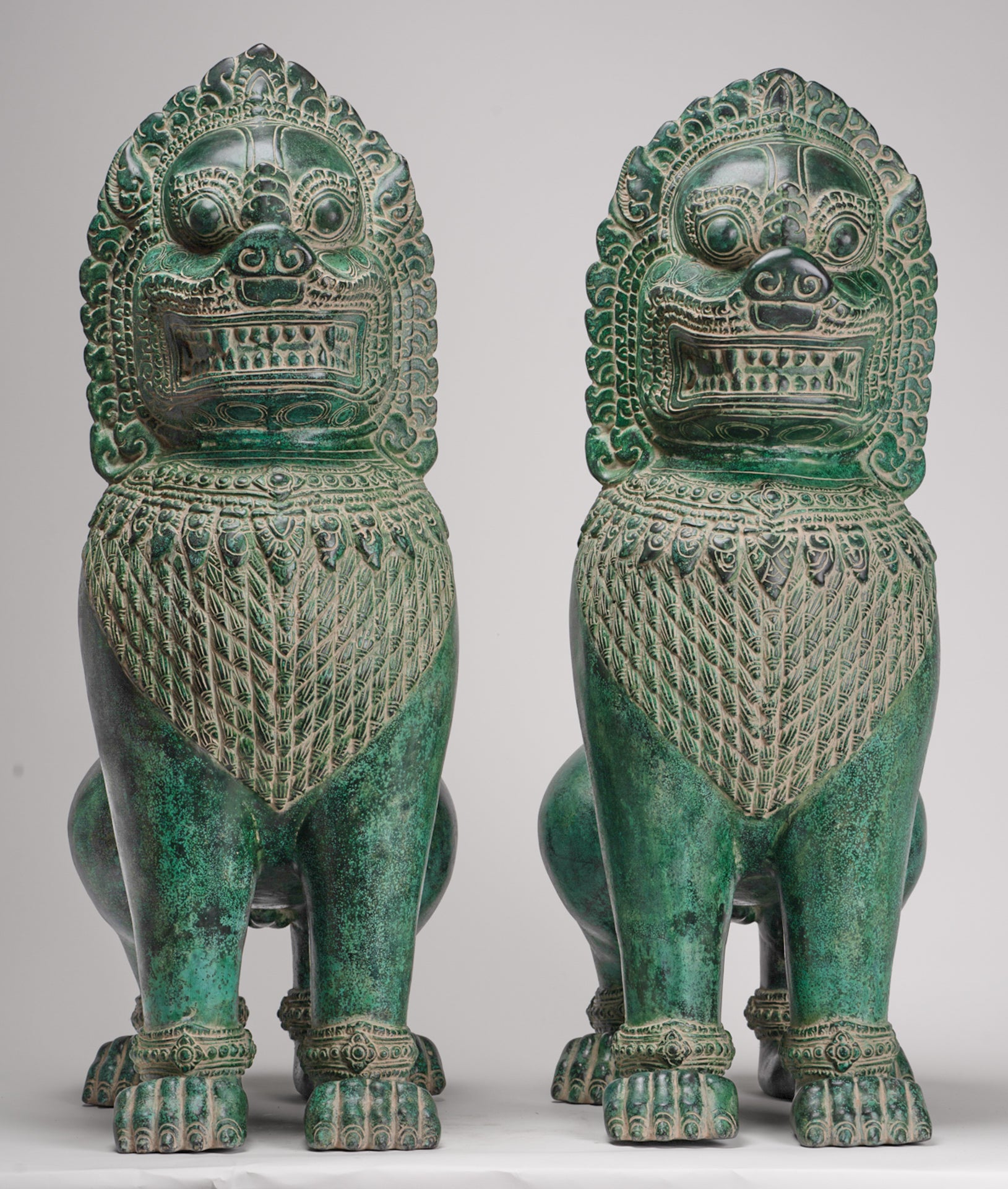 Temple Lions - Antique Khmer Style Bronze Temple Guardians or Lions (Pair) - 72cm/29"