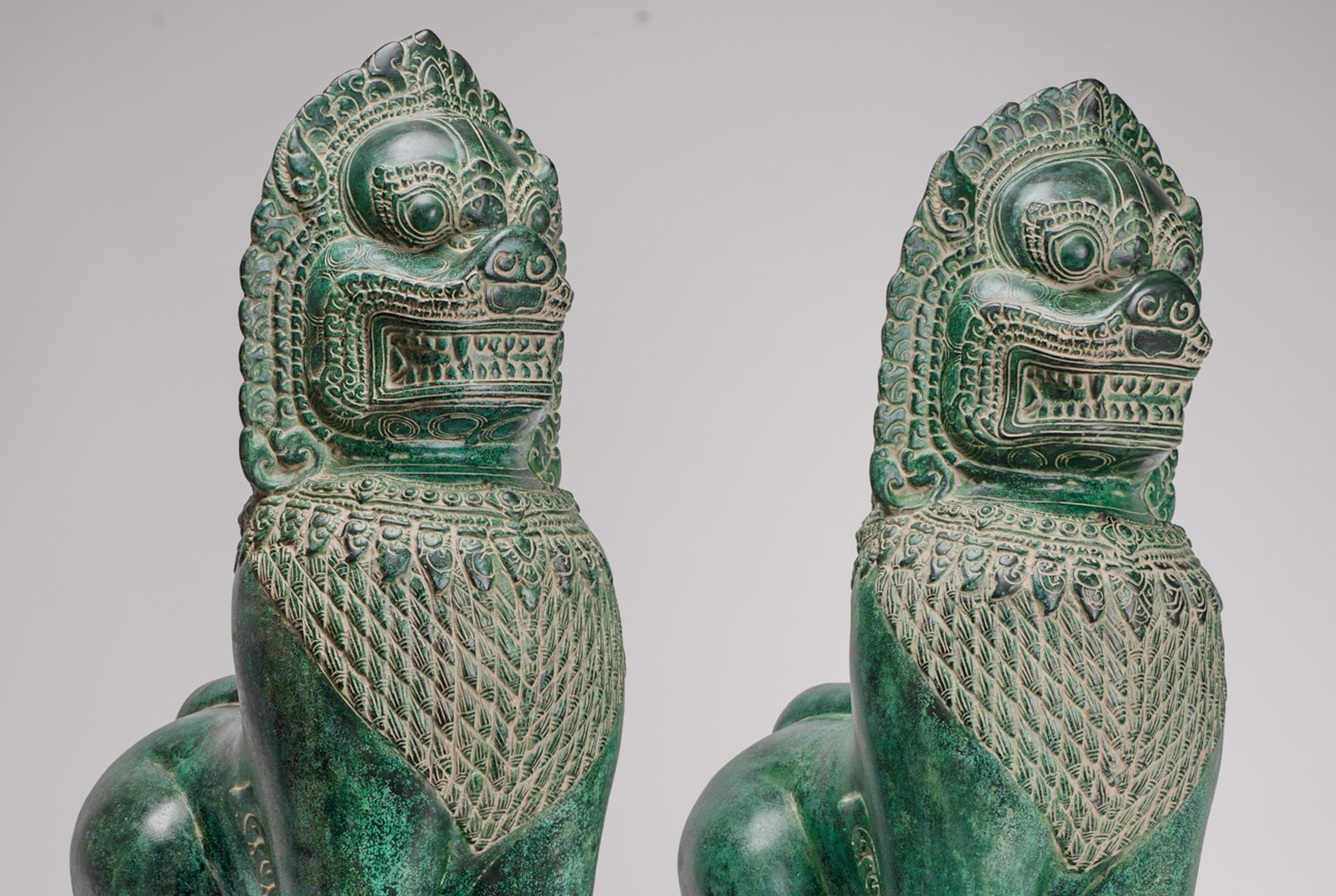Temple Lions - Antique Khmer Style Bronze Temple Guardians or Lions (Pair) - 72cm/29"