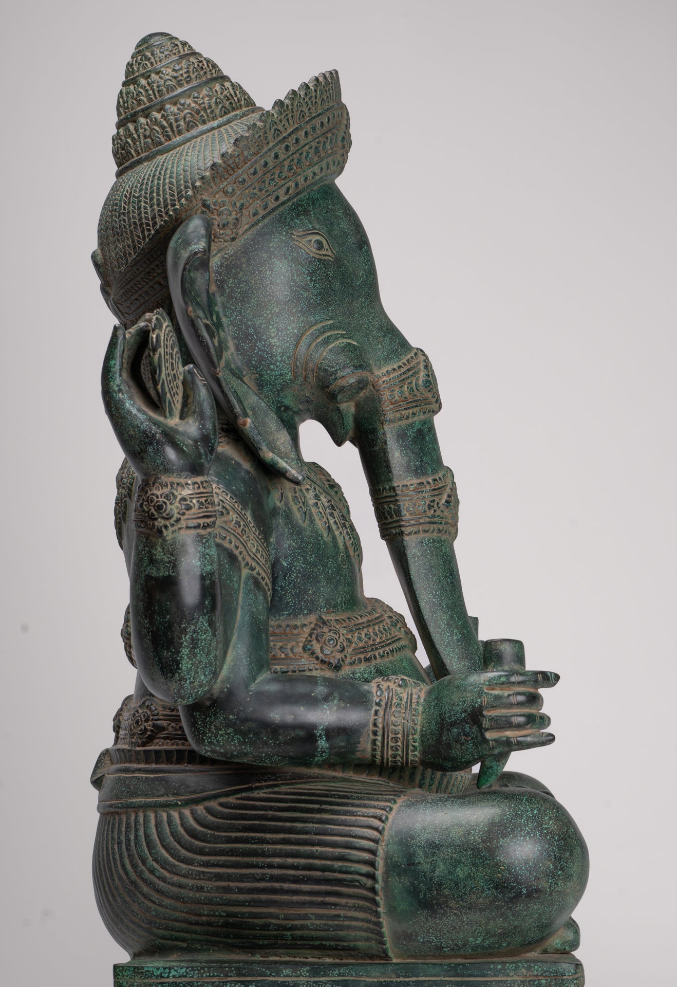 Large Ganesha Statue - Antique Khmer Style Angkor Wat Bronze Seated Four Arm Ganesh Statue - 74cm/30"