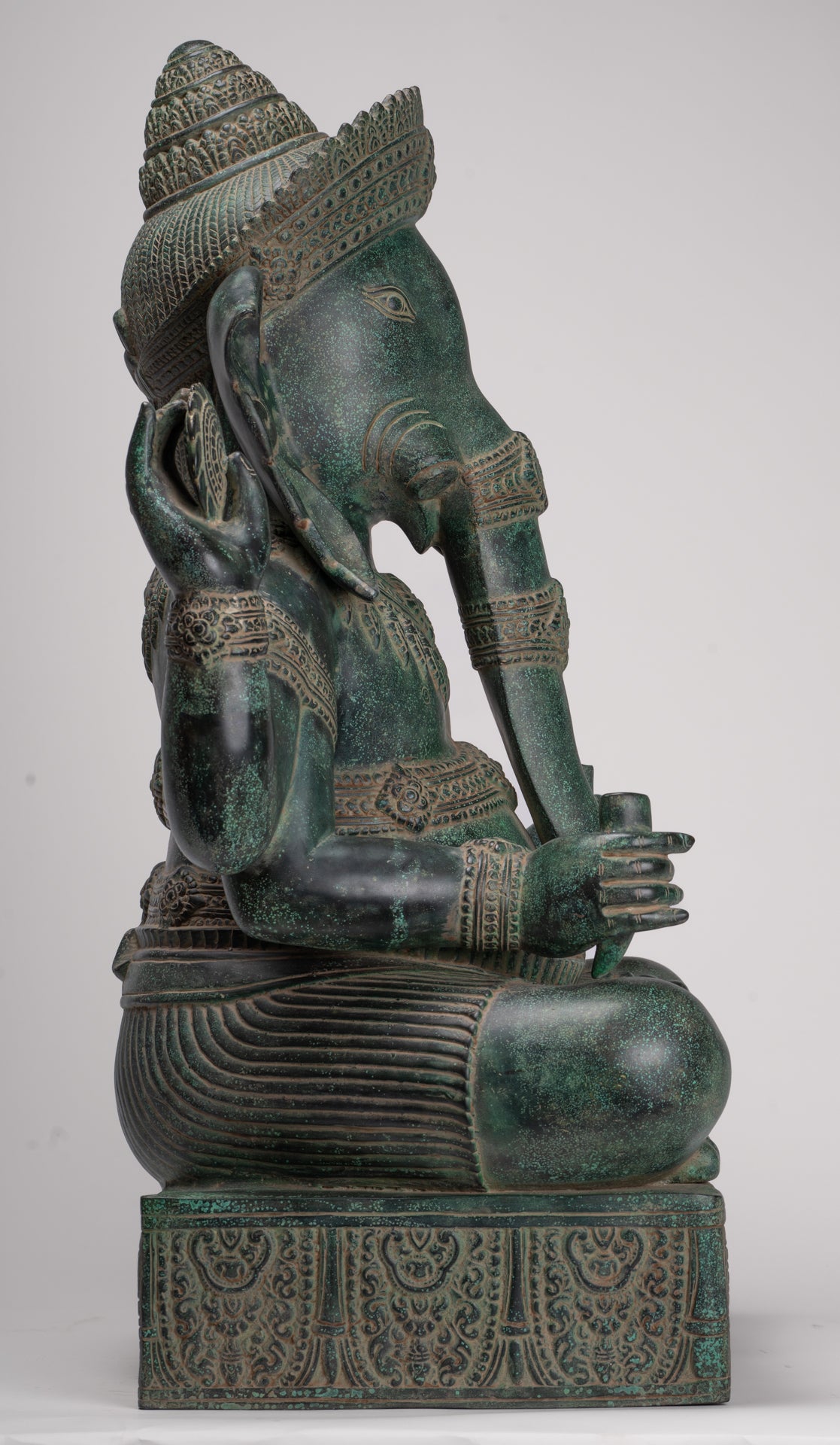 Large Ganesha Statue - Antique Khmer Style Angkor Wat Bronze Seated Four Arm Ganesh Statue - 74cm/30"