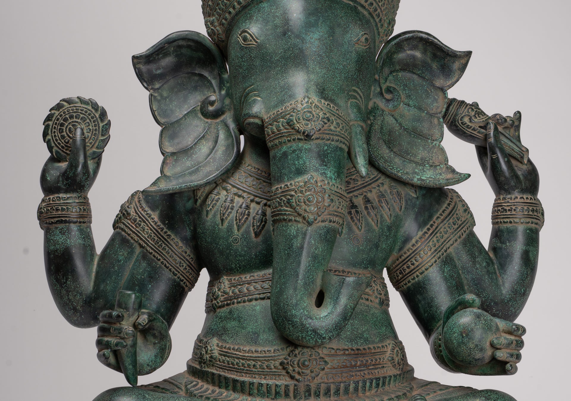 Large Ganesha Statue - Antique Khmer Style Angkor Wat Bronze Seated Four Arm Ganesh Statue - 74cm/30"
