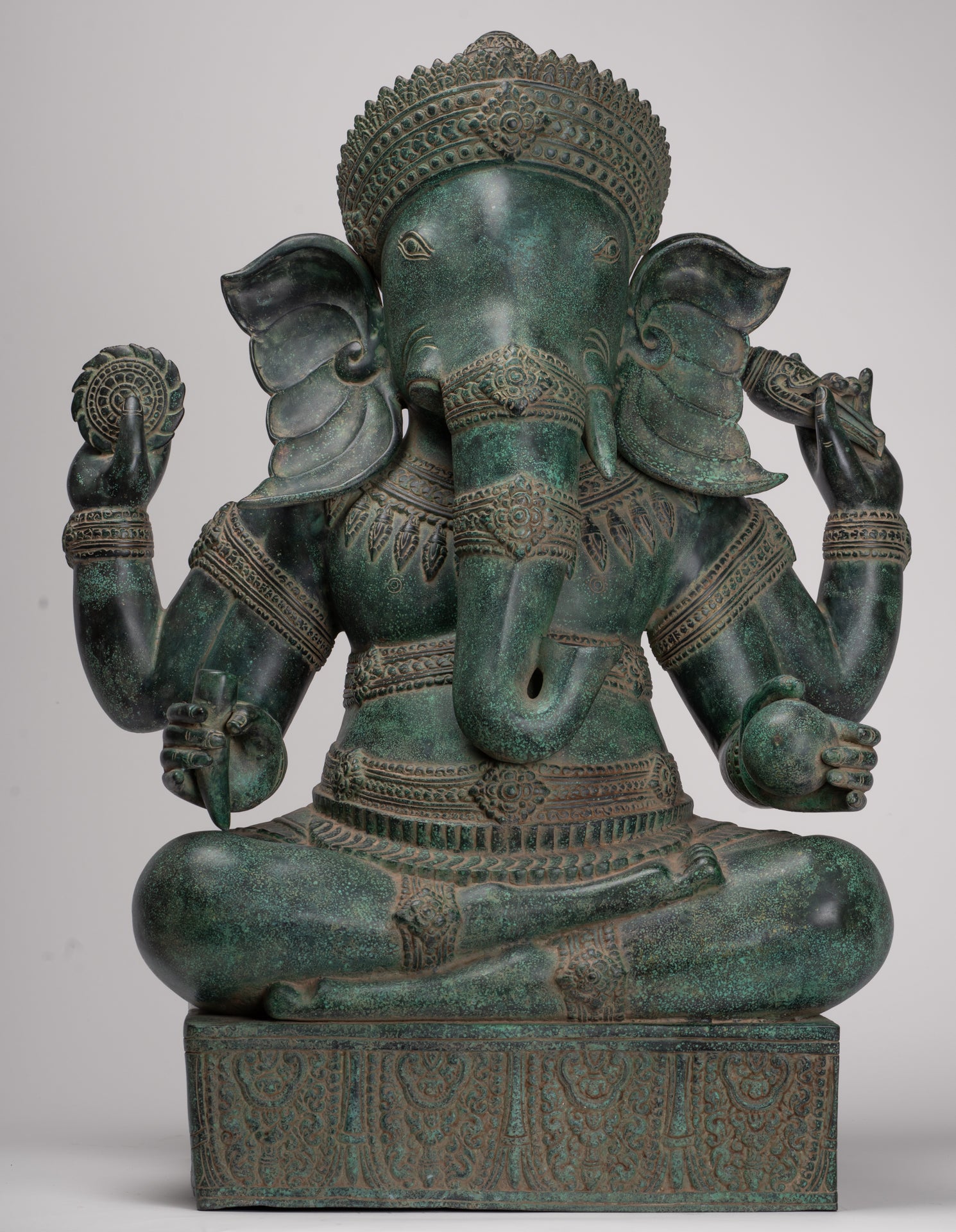 Large Ganesha Statue - Antique Khmer Style Angkor Wat Bronze Seated Four Arm Ganesh Statue - 74cm/30"