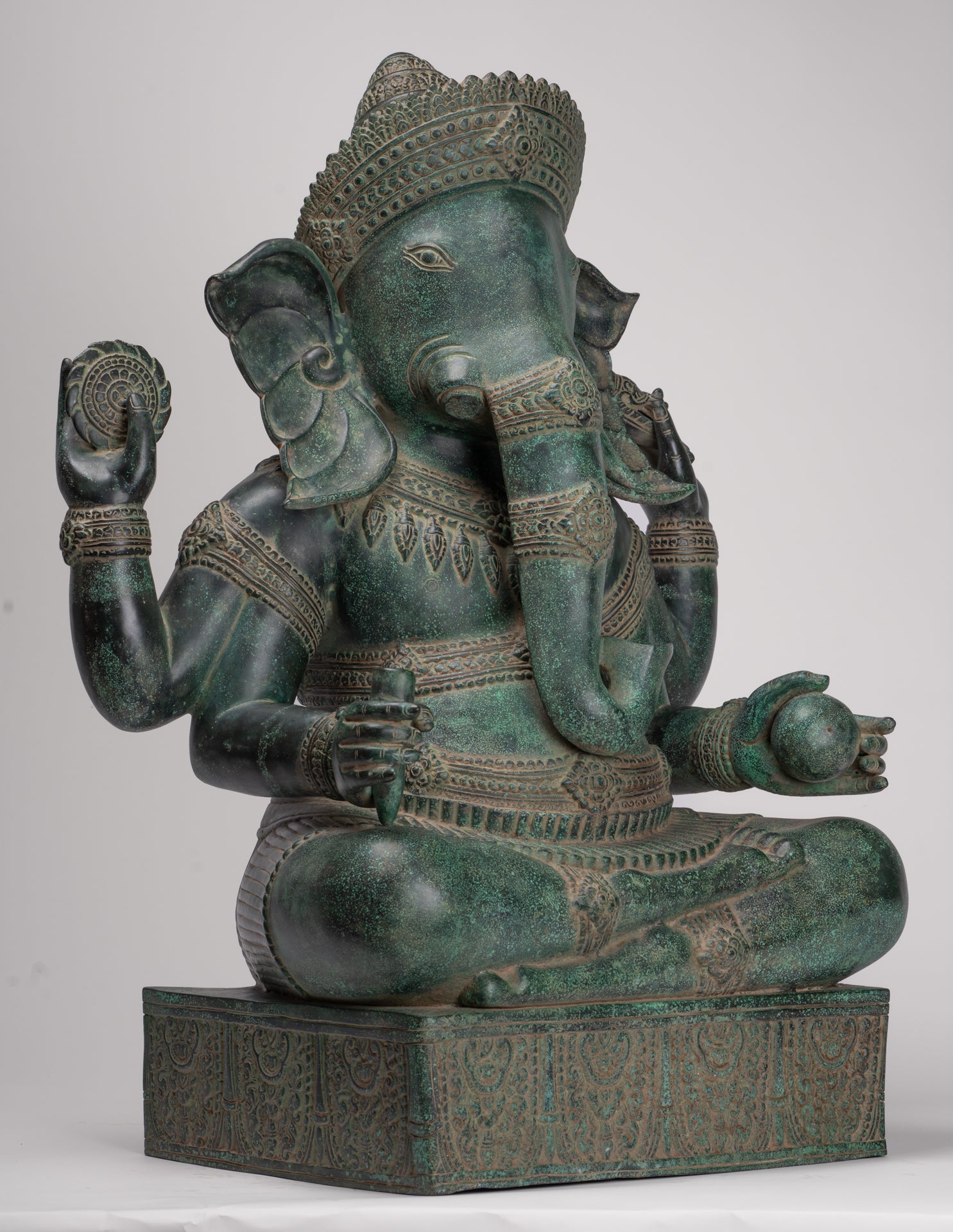 Large Ganesha Statue - Antique Khmer Style Angkor Wat Bronze Seated Four Arm Ganesh Statue - 74cm/30"