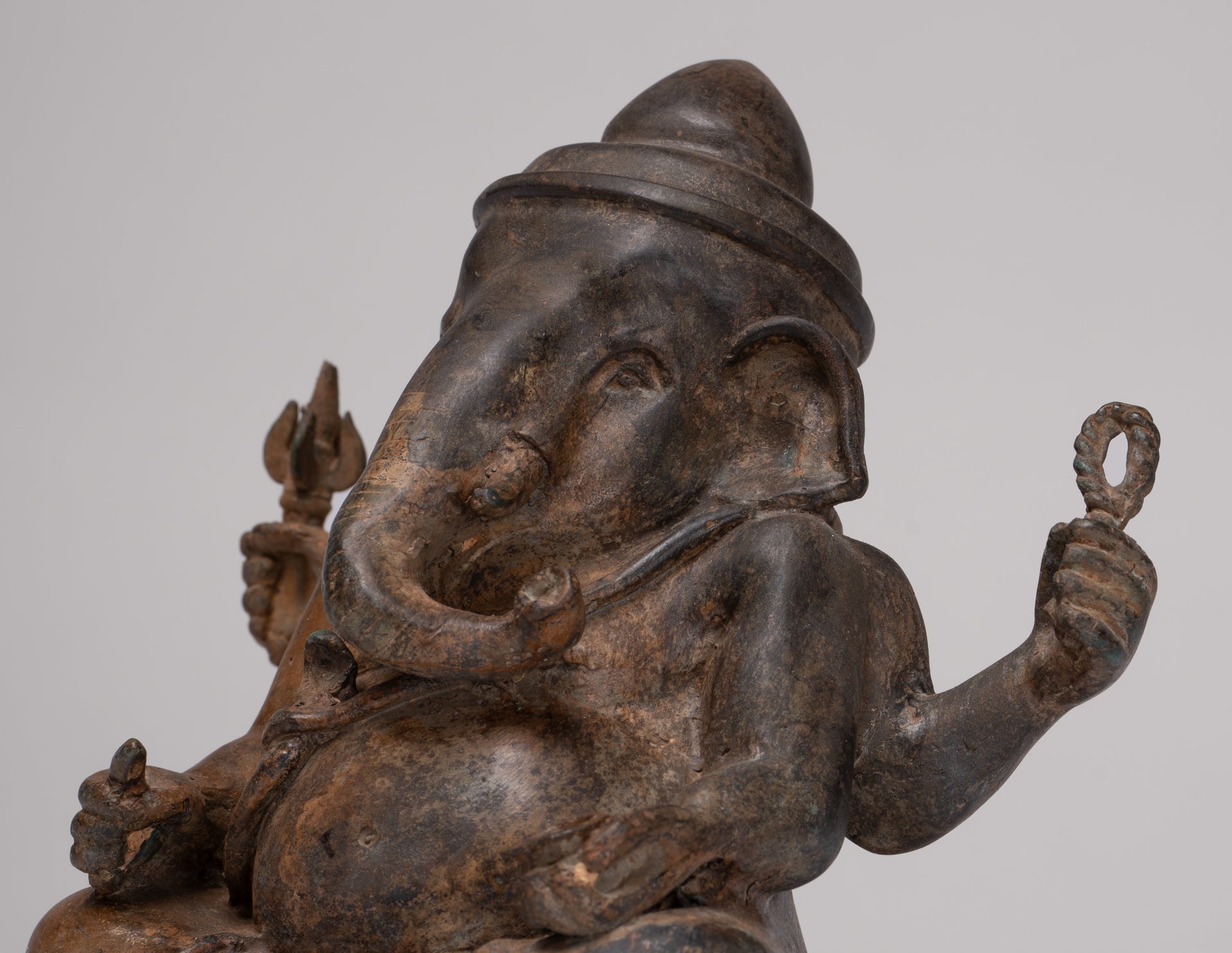 Ganesha Statue - Antique Thai Style Bronze Seated 4-Arm Ganesha Statue - 16cm/6"