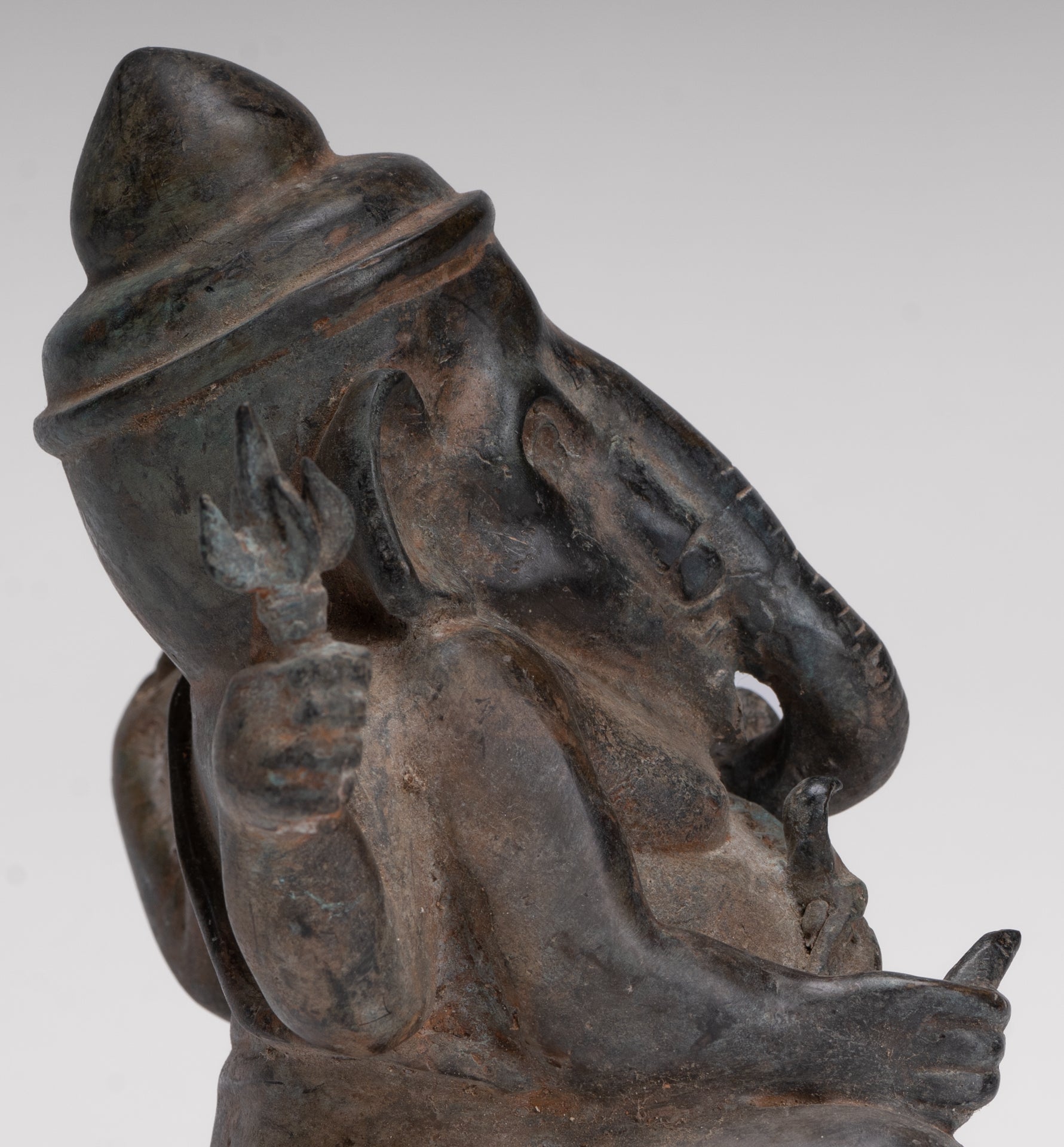 Ganesha Statue - Antique Thai Style Bronze Seated 4-Arm Ganesha Statue - 18cm/7"