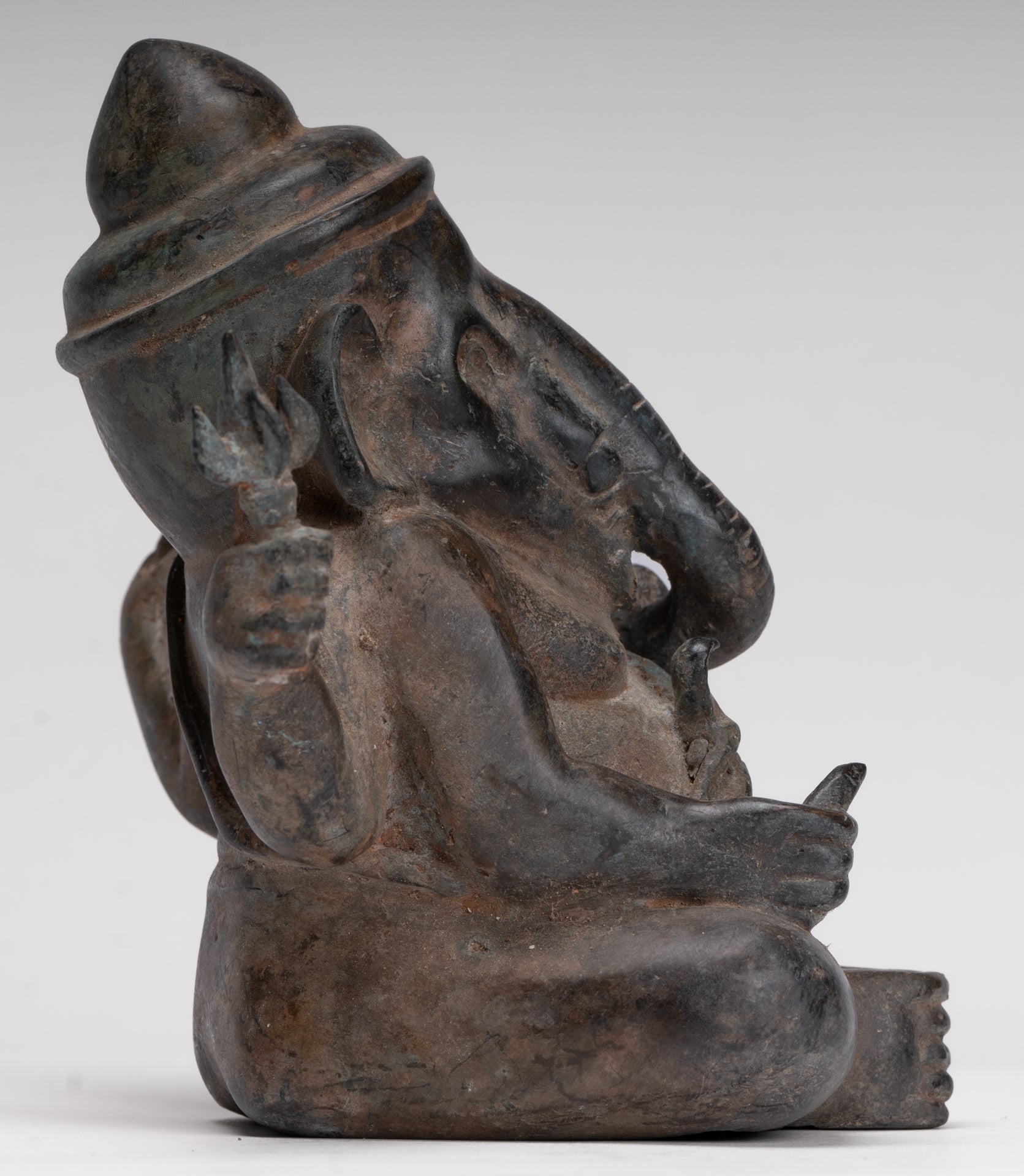 Ganesha Statue - Antique Thai Style Bronze Seated 4-Arm Ganesha Statue - 18cm/7"