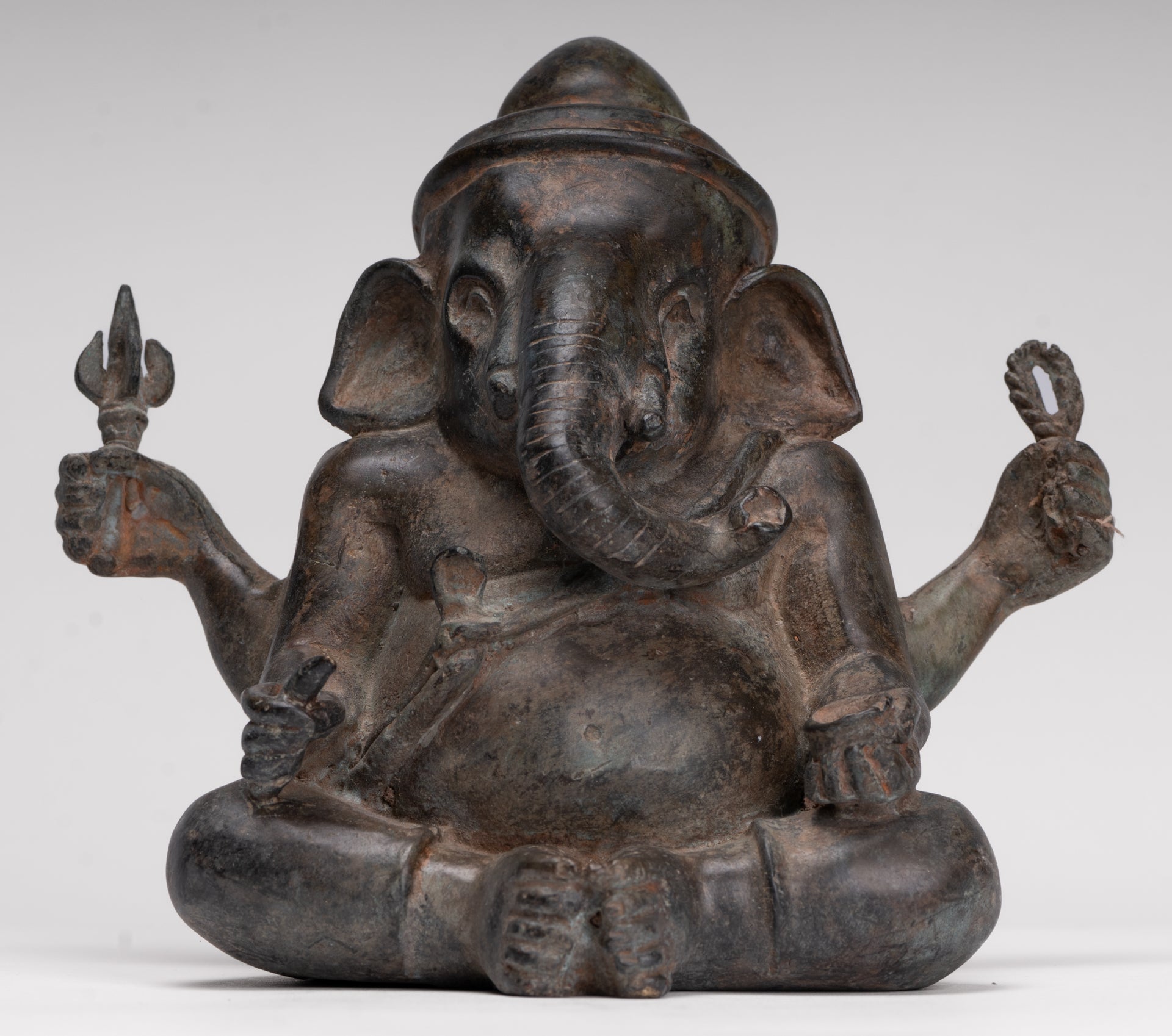 Ganesha Statue - Antique Thai Style Bronze Seated 4-Arm Ganesha Statue - 18cm/7"