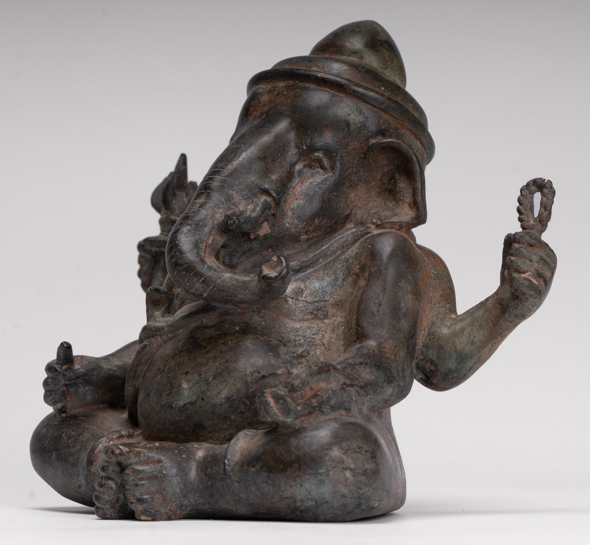 Ganesha Statue - Antique Thai Style Bronze Seated 4-Arm Ganesha Statue - 18cm/7"