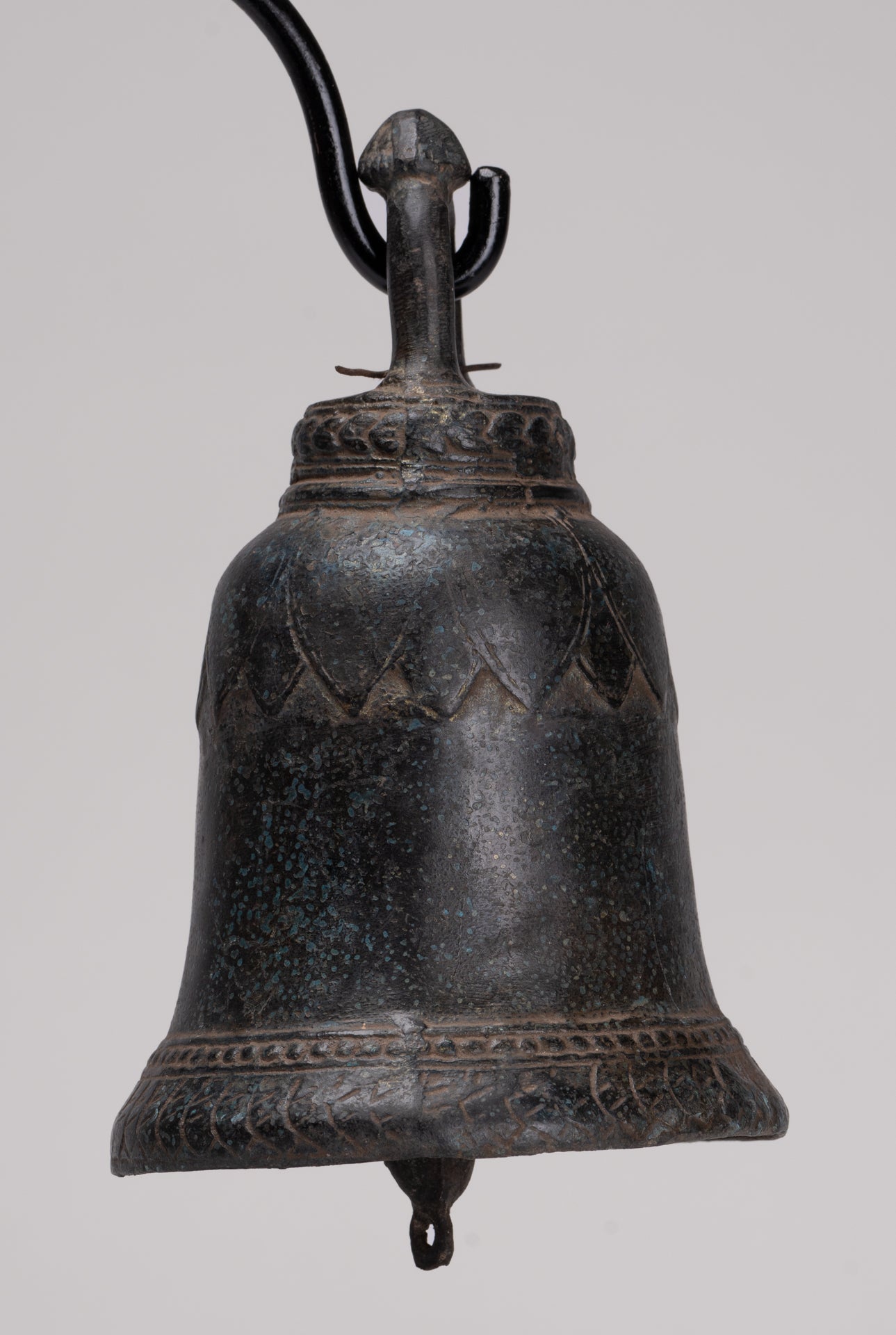 Antique Khmer Style Bronze Mounted Lotus Flower Bell - 29cm/12"