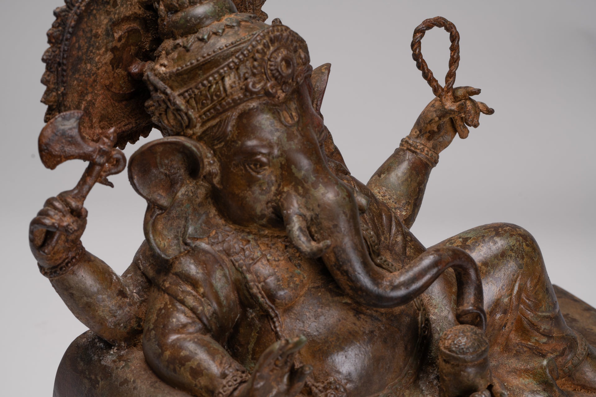 Ganesh - Antique Thai Style Bronze Reclining Ganesha Statue w/Mouse - 41cm/16"