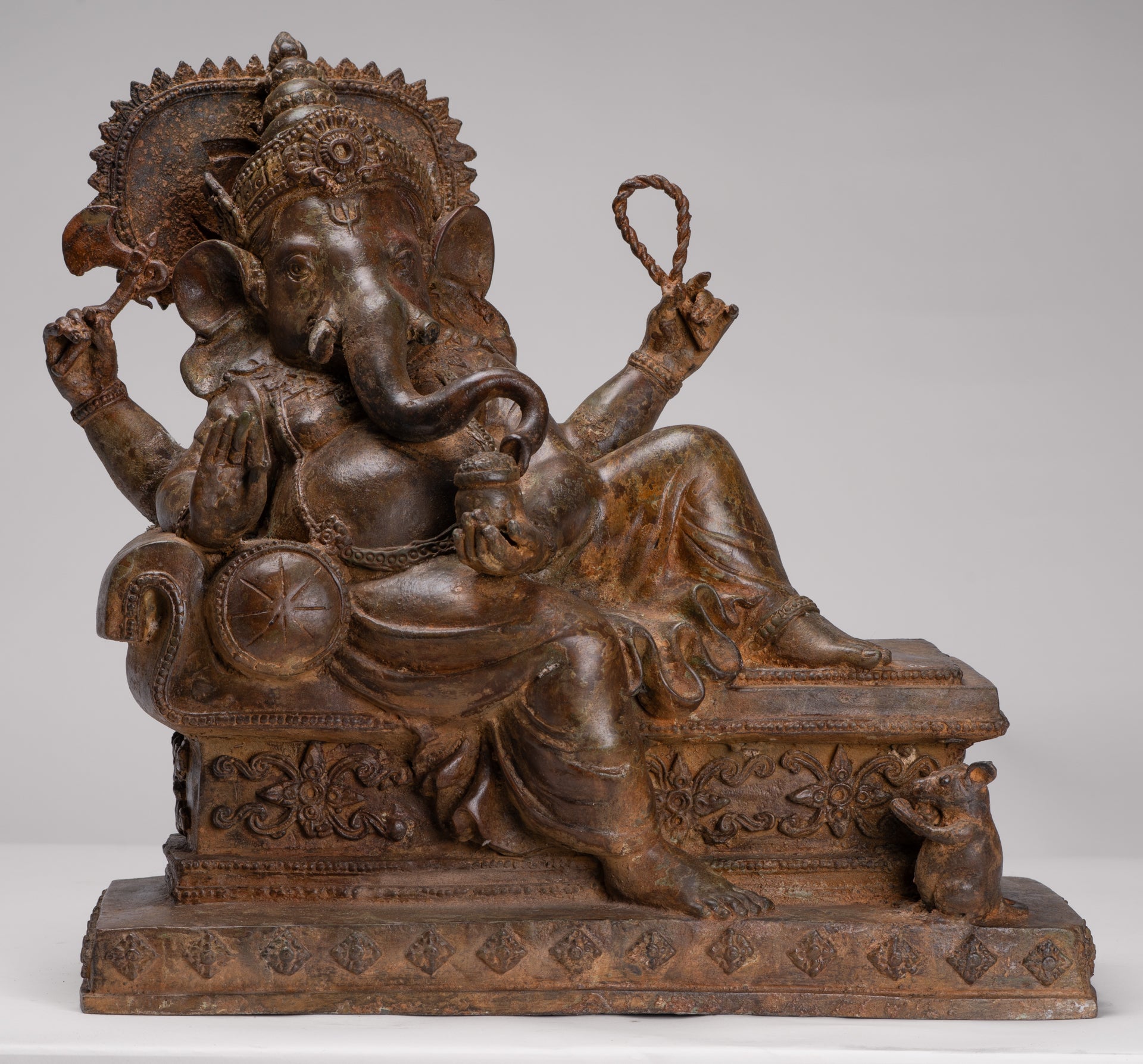 Ganesh - Antique Thai Style Bronze Reclining Ganesha Statue w/Mouse - 41cm/16"