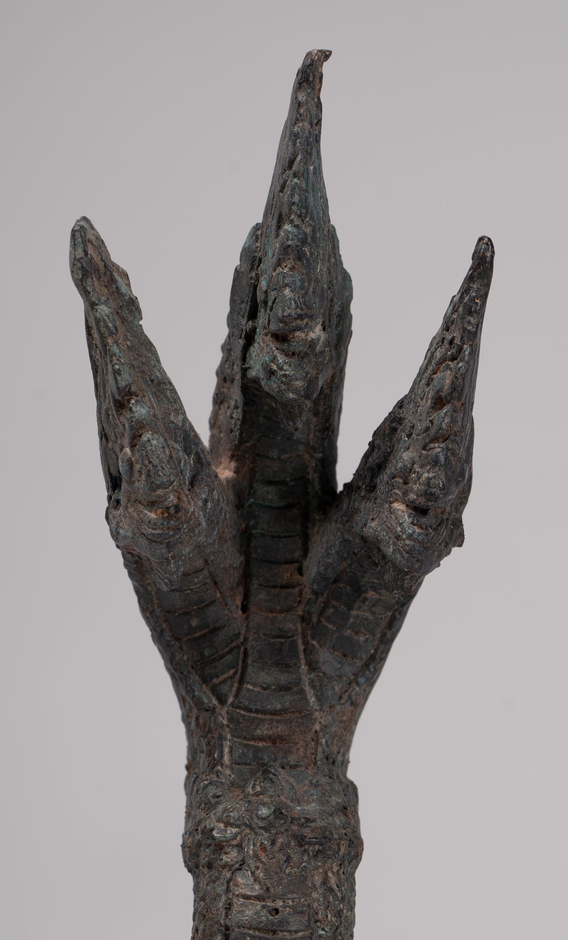 Antique Thai Style Bronze Three Head Protective Naga, Snake or Serpent Statue - 28cm/11"