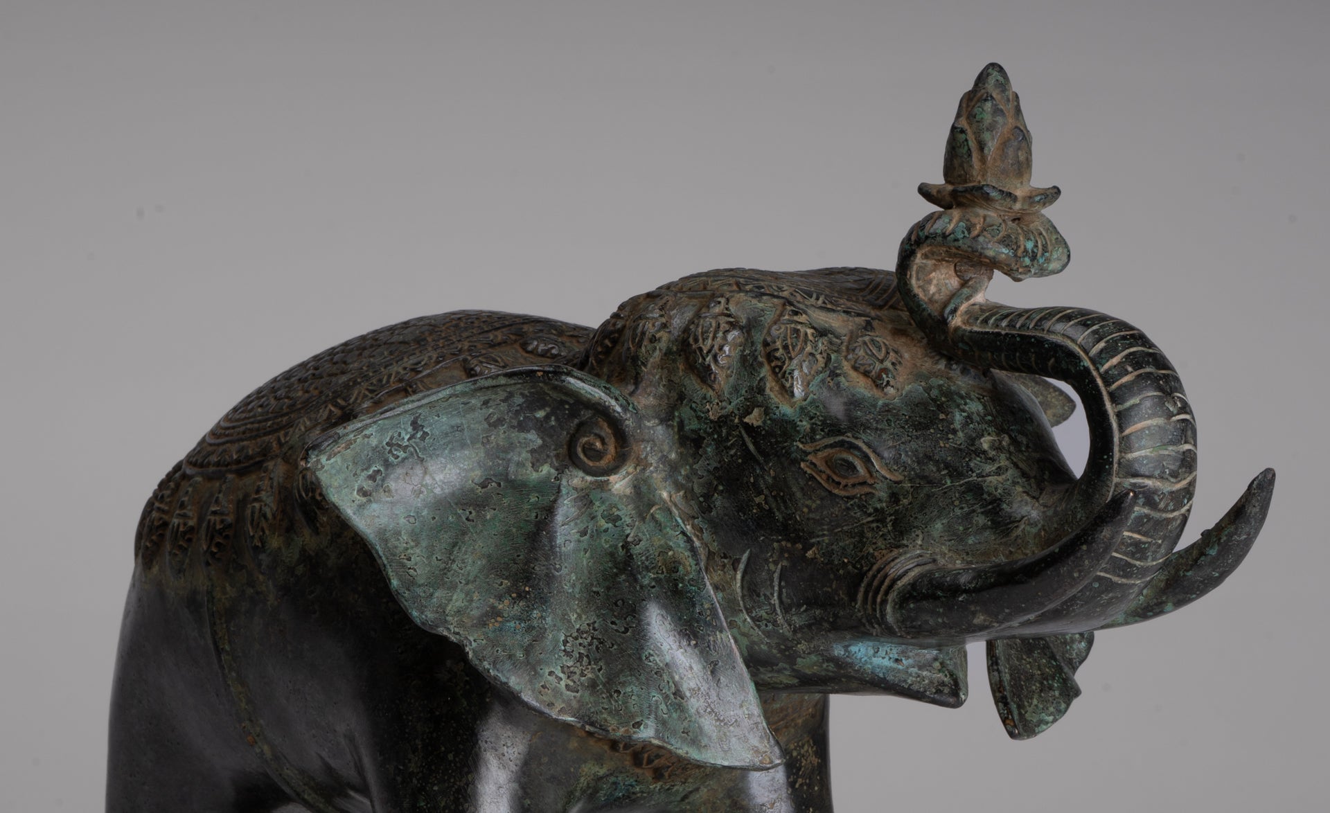 Antique Khmer Style Bronze Trumpeting Elephant Statue - 25cm/10" Tall