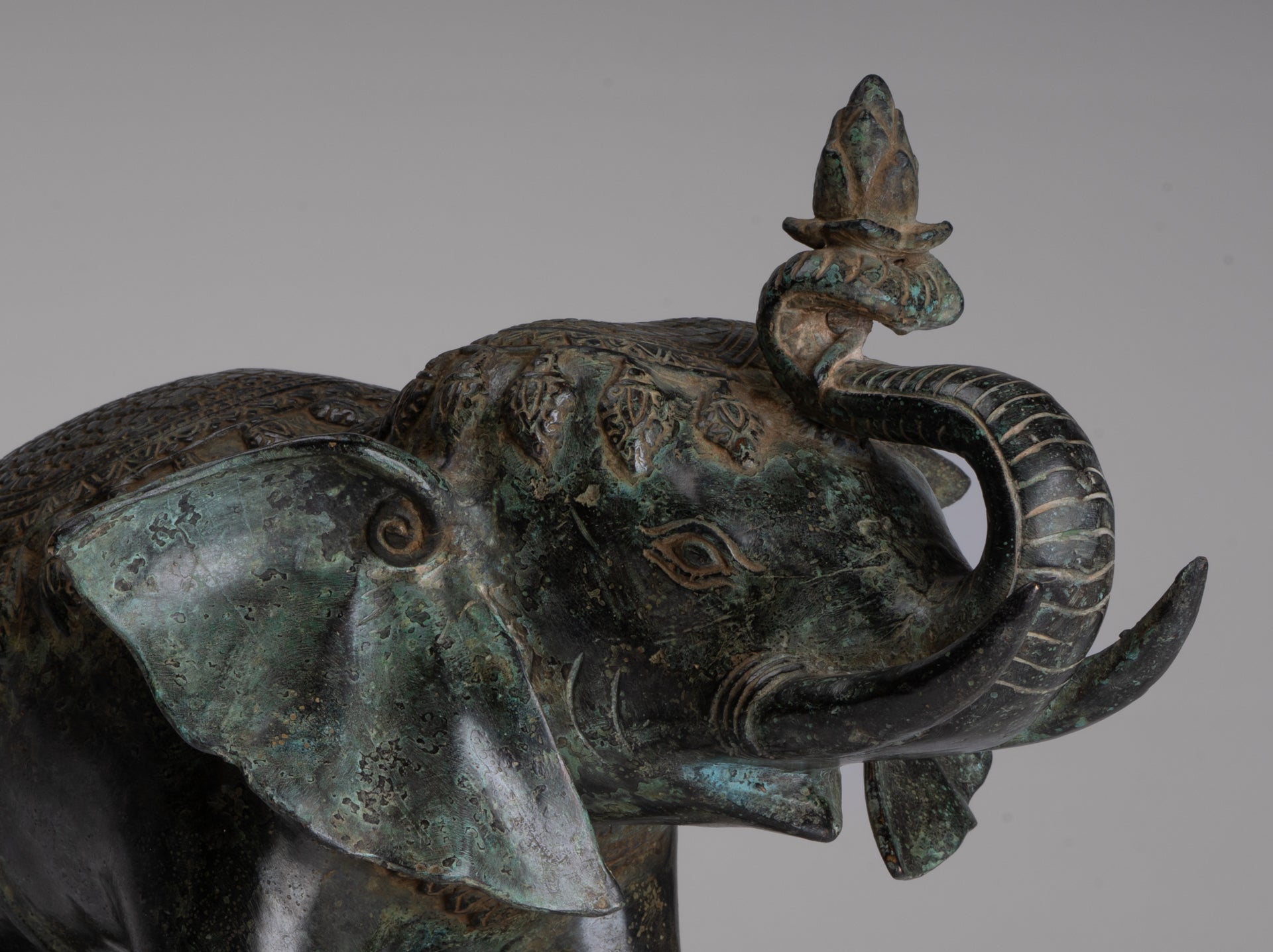 Antique Khmer Style Bronze Trumpeting Elephant Statue - 25cm/10" Tall